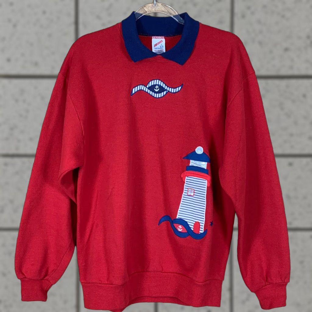 Jerzees VINTAGE Jerzees Pullover Sweater Shirt Women L Red Sailing Lighthouse Collared Size L / US 10 / IT 46 - 1 Thumbnail