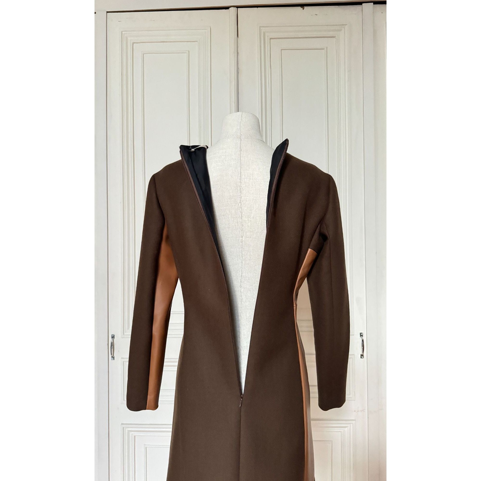 Celine FW 2011 Brown Wool & Buffalo Leather Dress Size M / US 6-8 / IT 42-44 - 6 Thumbnail