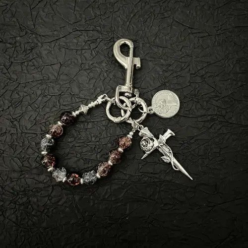 Jewelry Silver Beaded Keychain with Rose and Dagger Charms Size ONE SIZE - 1 Thumbnail
