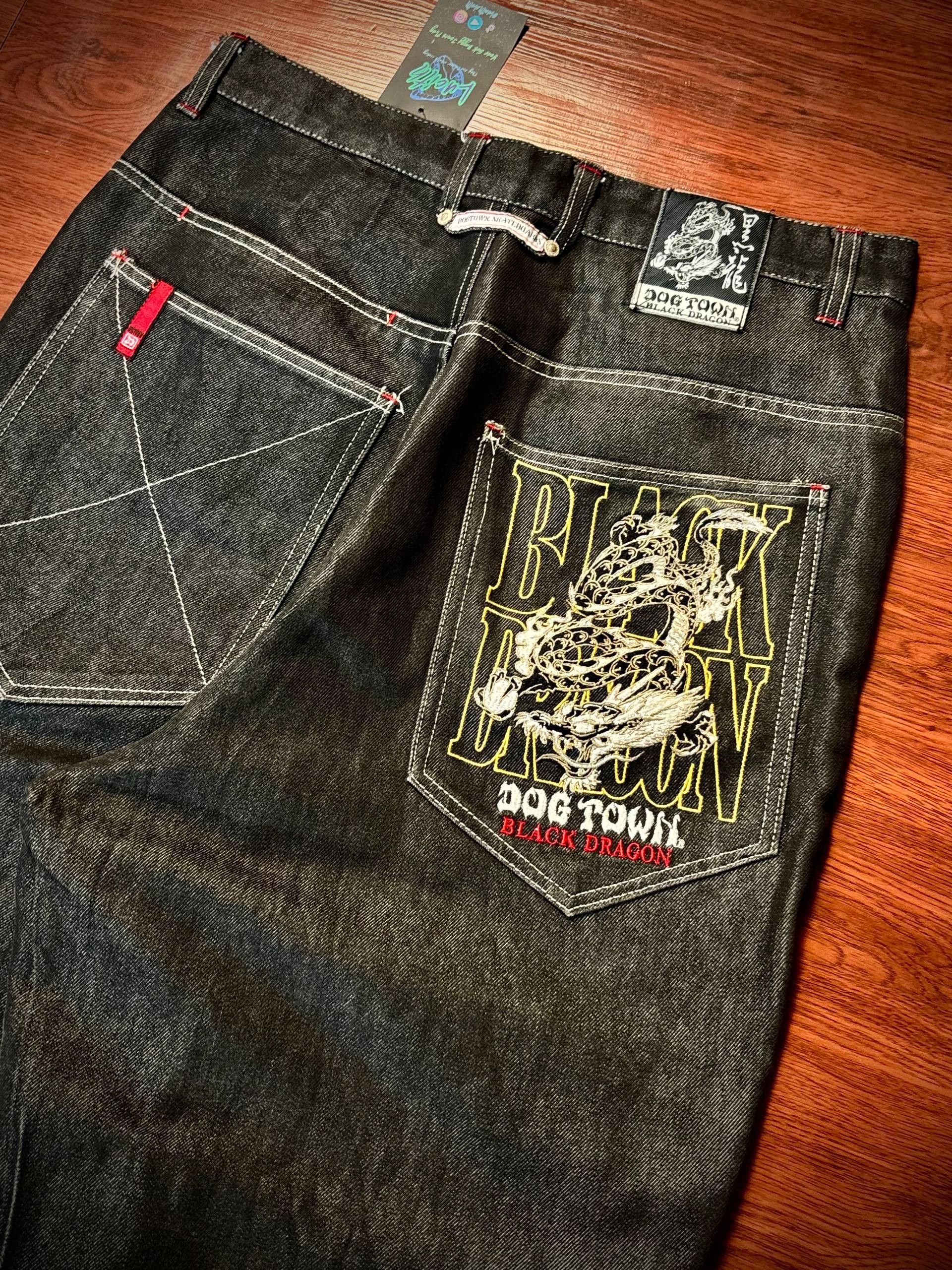 JNCO Vintage 90s Big Dragon Logo Dogtown Black Raw Denim Pants Size US 32 / EU 48 - 2 Thumbnail