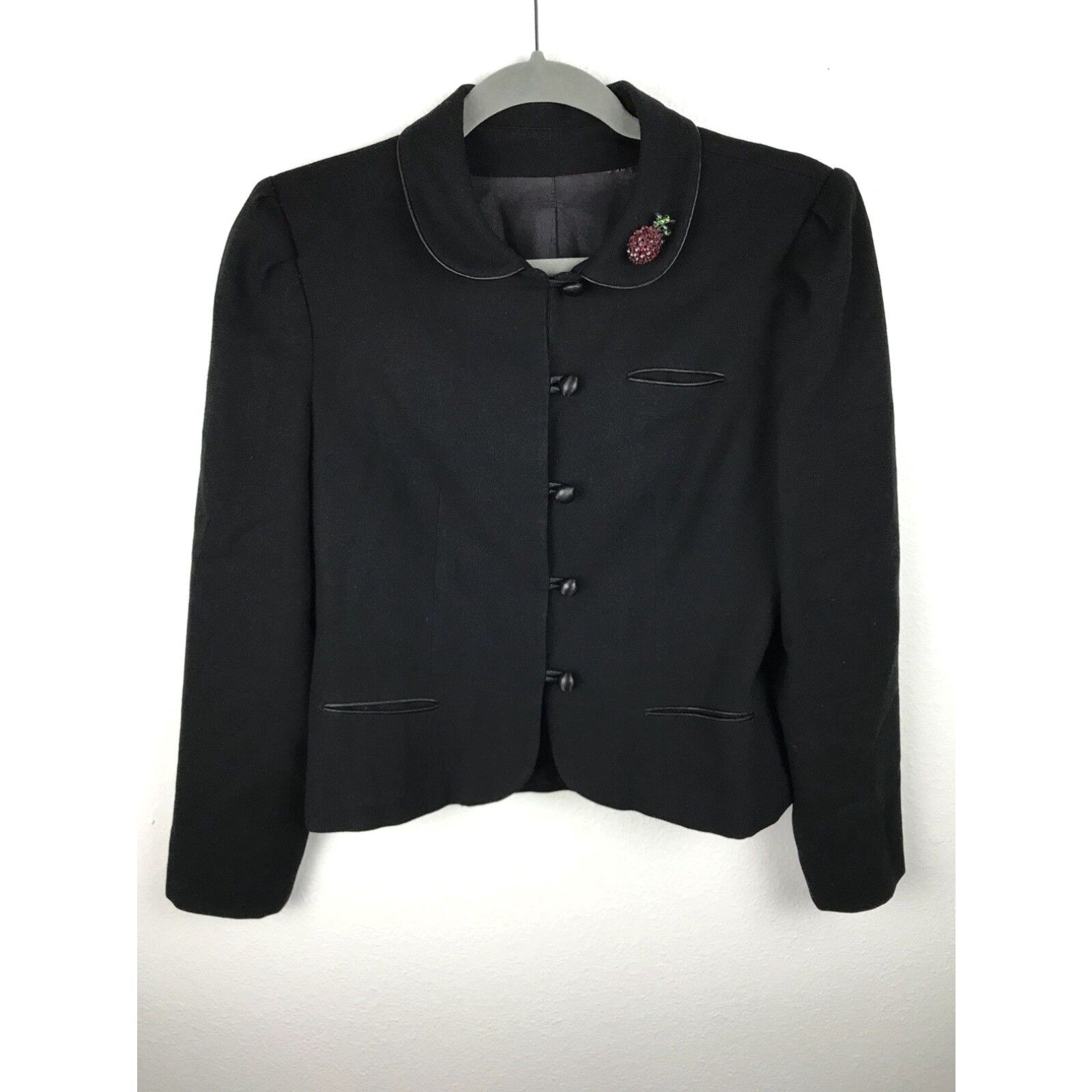 image of Vintage 1960S Black Jacket Rayon Apple Rhinestone Pin Button Front Blazer S in White, Women's (Size