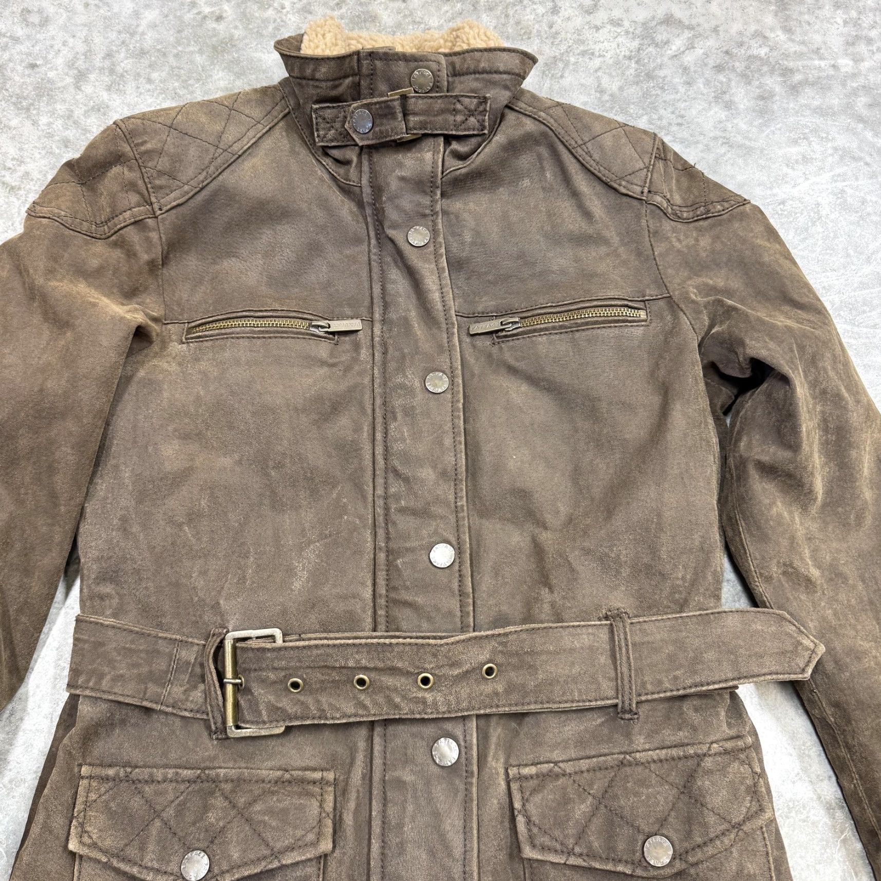 FatFace FatFace Leather Jacket Womens 12 Brown Belted Moto Sherpa Collar Zip Pockets Size XL / US 12-14 / IT 48-50 - 2 Thumbnail