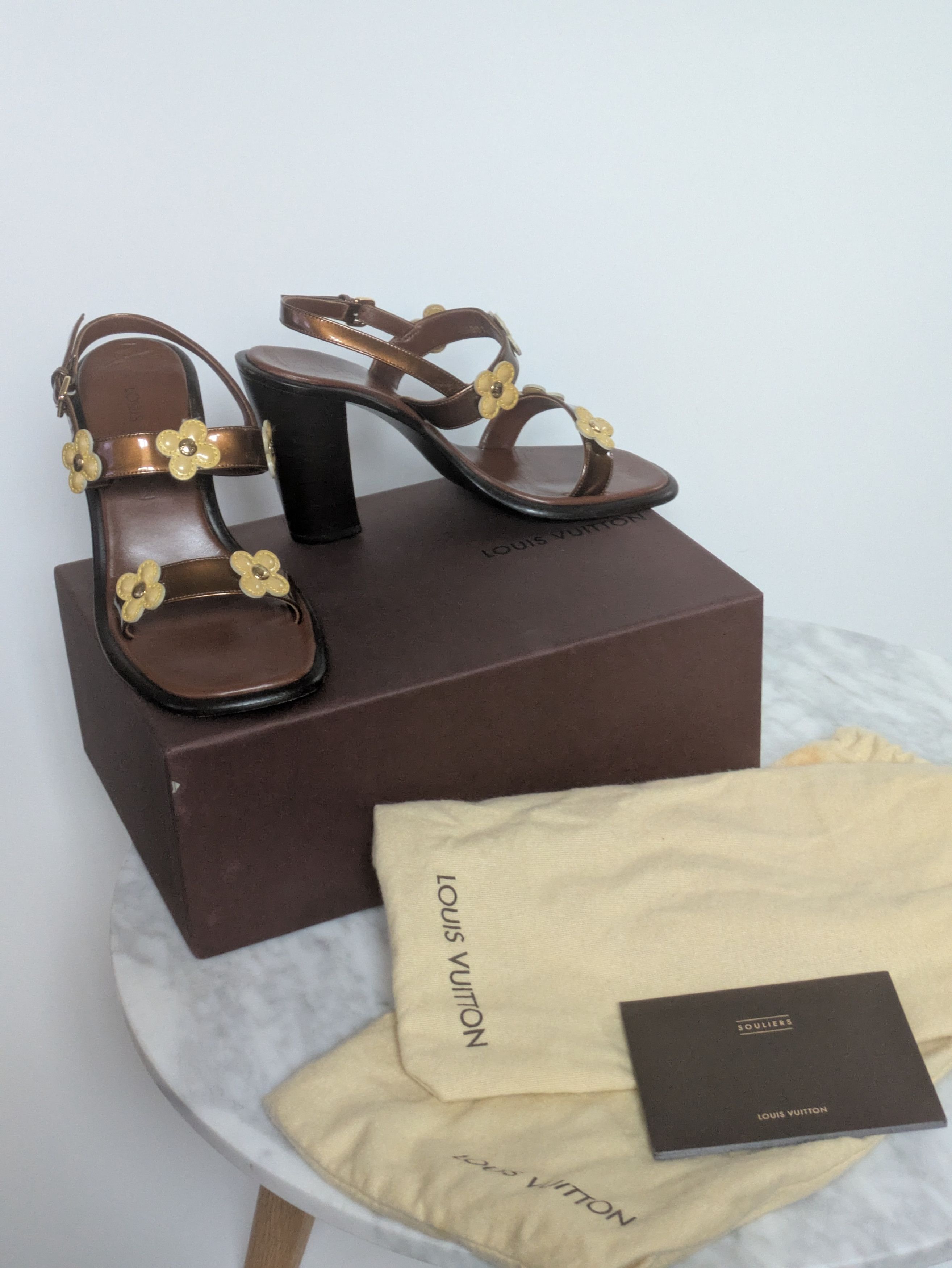 Louis Vuitton Early 2000s Louis Vuitton Chunky Flower Block Heel Sandals Size US 6 / IT 36 - 1 Thumbnail