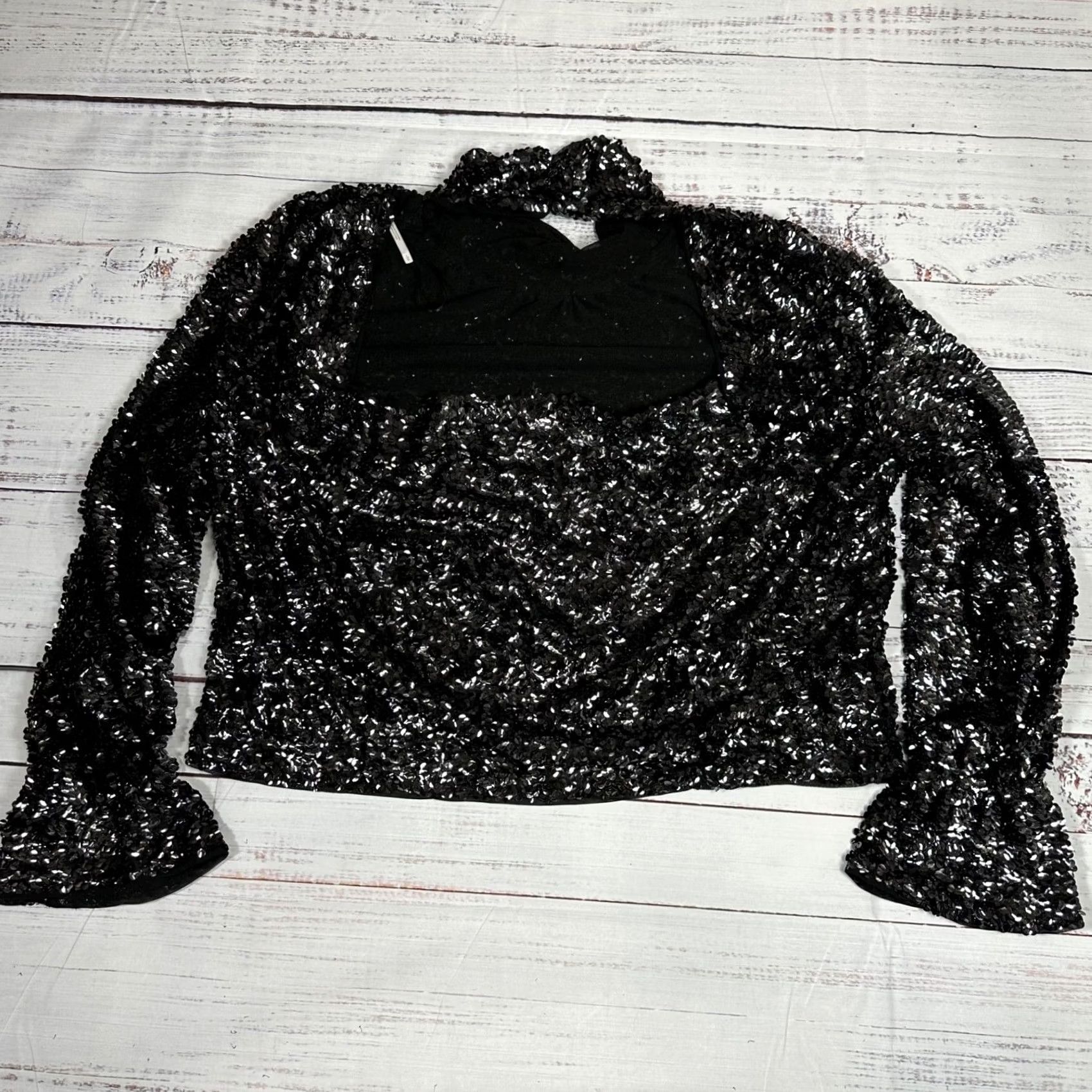 Free People Free People Womens Sequined Cropped Top Long Sleeve Black Size L Back Cutout Size L / US 10 / IT 46 - 5 Thumbnail
