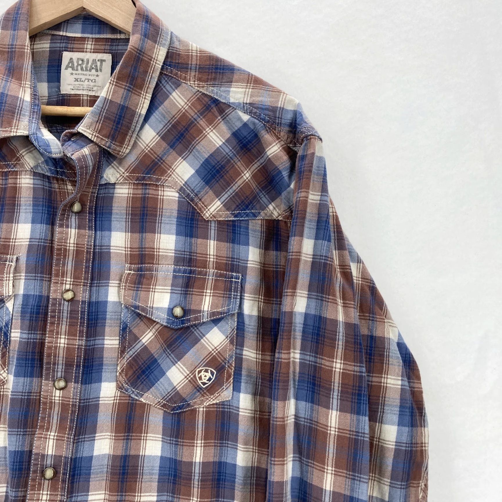 Ariat Ariat Retro Fit Shirt Mens XL Blue Brown Plaid Western Pearl Snap Cowboy Rodeo Size US XL / EU 56 / 4 - 2 Thumbnail