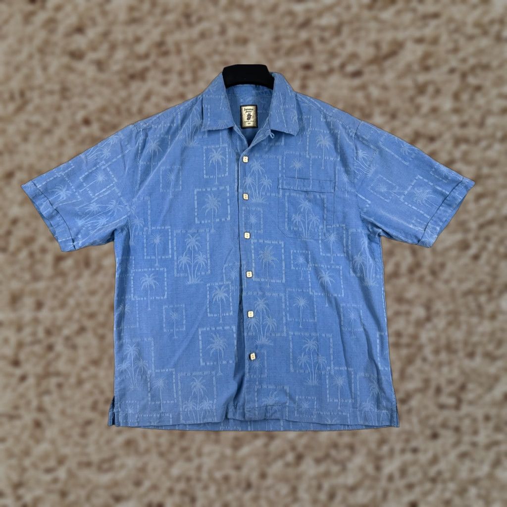 Vintage Jamaica Jaxx Shirt Men Large Blue Palm Tile Button Up Pocket Hawaiian 100% Silk Size US L / EU 52-54 / 3 - 1 Thumbnail
