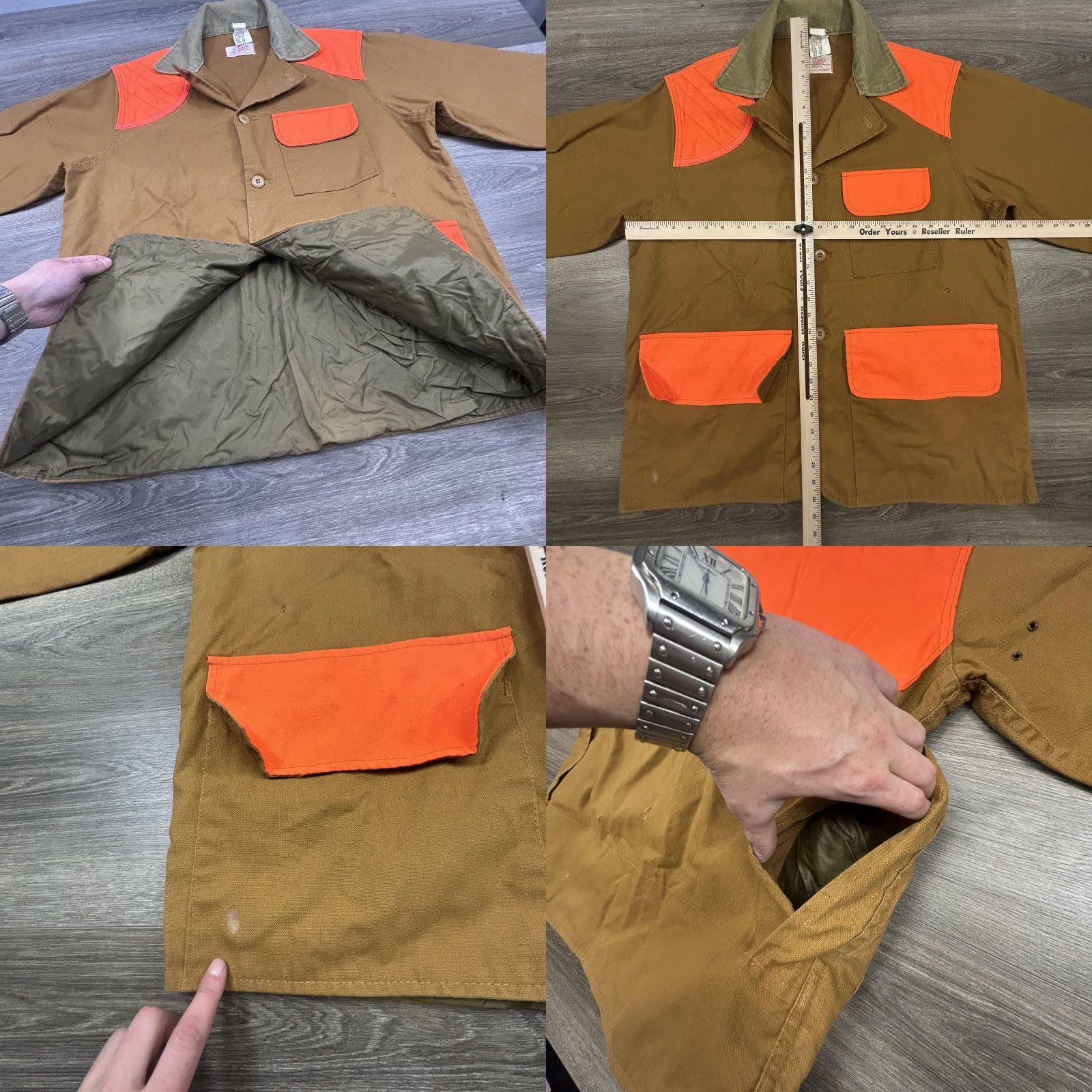 Vintage VINTAGE Saf-T-Bak Jacket Mens Large Hunting Blaze Orange Canvas Cotton Mid-Length Olive Lining Pockets Back Game Pouch Size US L / EU 52-54 / 3 - 8 Thumbnail