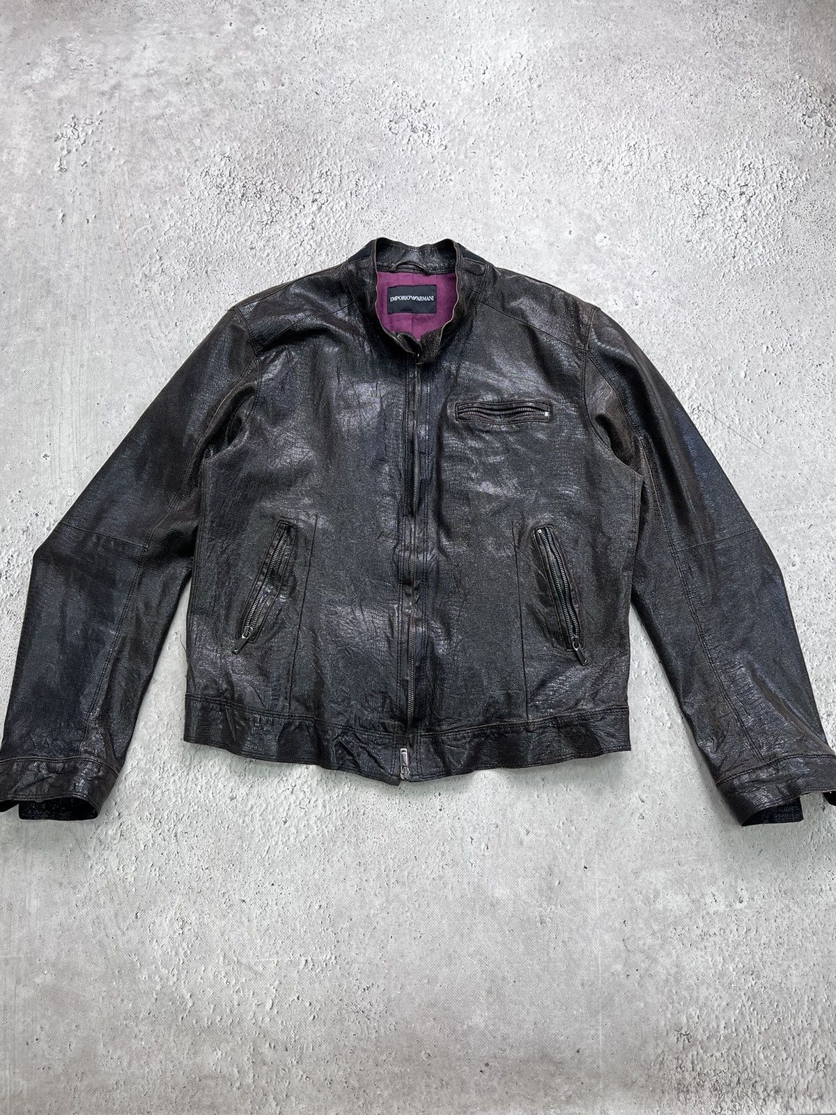 Emporio Armani × Giorgio Armani Vintage GIORGIO ARMANI BROWN LEATHER RACING IGUANA JACKET Size US M / EU 48-50 / 2 - 1 Thumbnail
