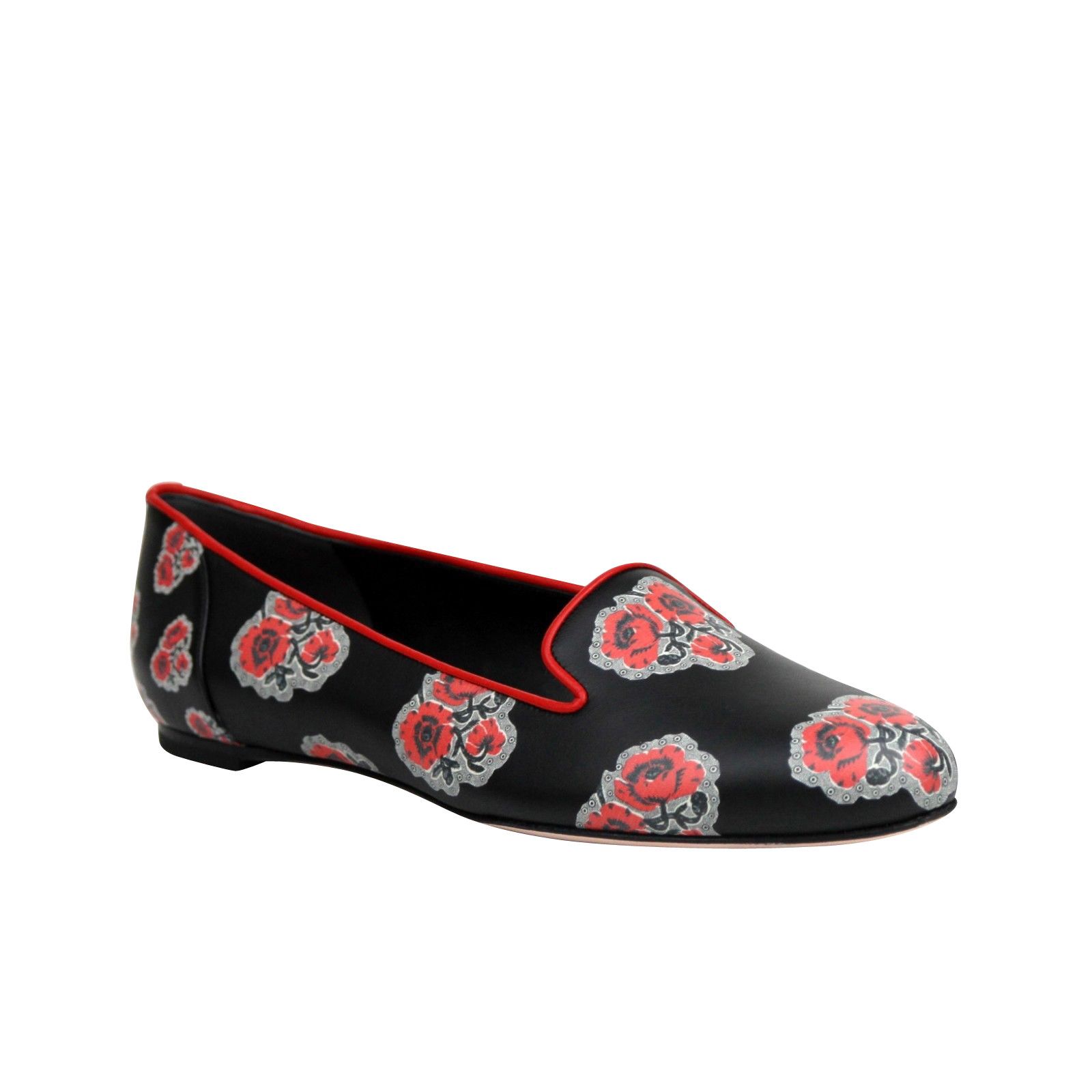 Women's Rose Pattern Black Leather Slipper Shoes (37 EU / 7