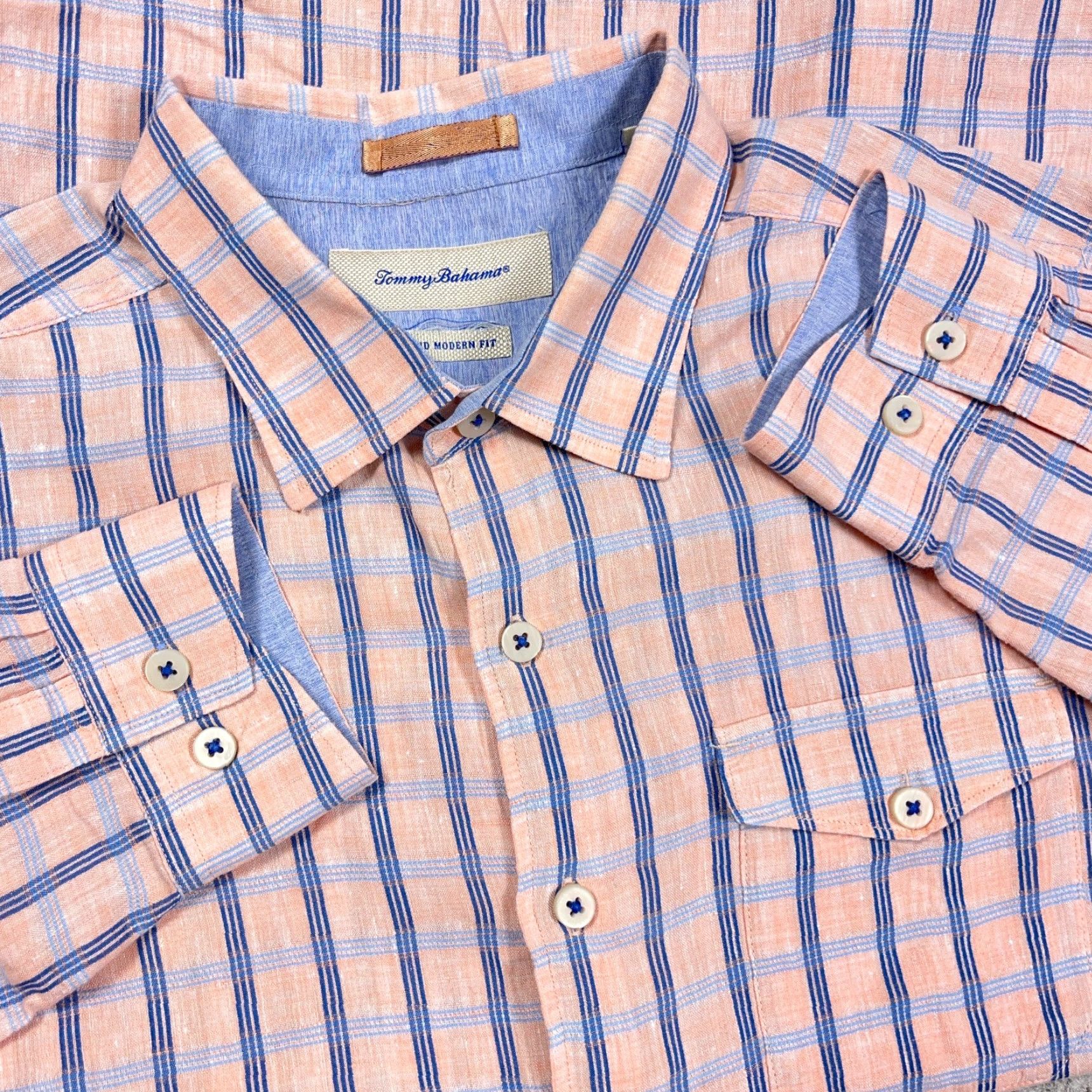 Tommy Bahama Tommy Bahama Shirt Men Large Orange Plaid Linen Button Up Island Modern Fit Size US L / EU 52-54 / 3 - 2 Thumbnail