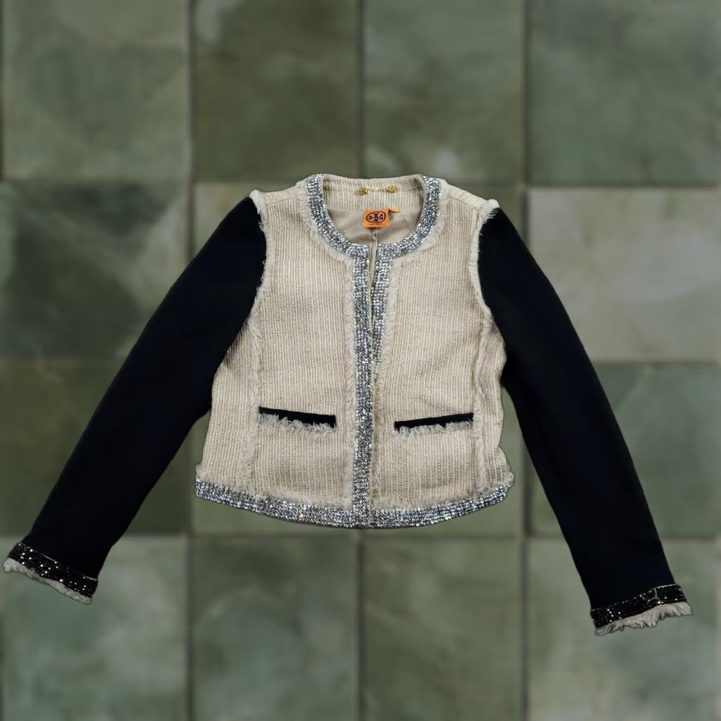 Tory Burch Tory Burch Jacket Womens 2 Beige Tweed Rhinestone Embellished Open Front Size XS / US 0-2 / IT 36-38 - 1 Thumbnail