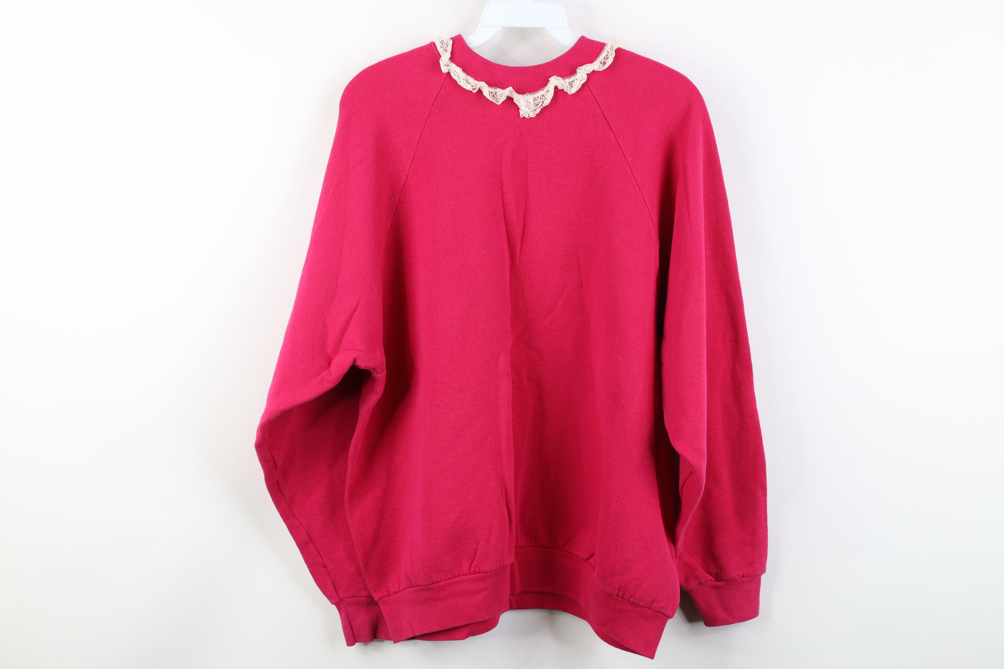 Vintage Vintage 90s Streetwear Lace Trim Crewneck Sweatshirt Pink Size XL / US 12-14 / IT 48-50 - 13 Thumbnail