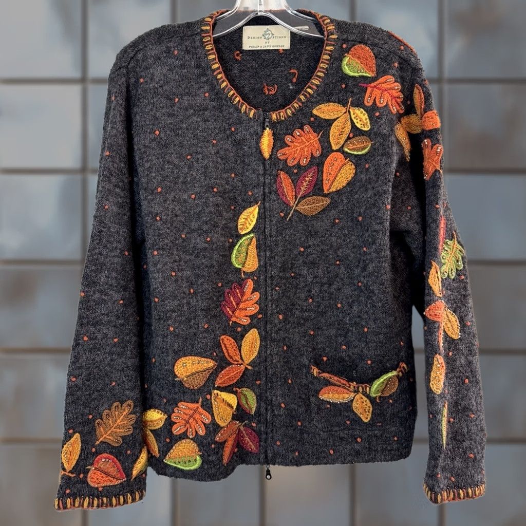 Vintage Design Options Cardigan Sweater Women’s Large Embroidered Full Zip Long Sleeve Size L / US 10 / IT 46 - 1 Thumbnail