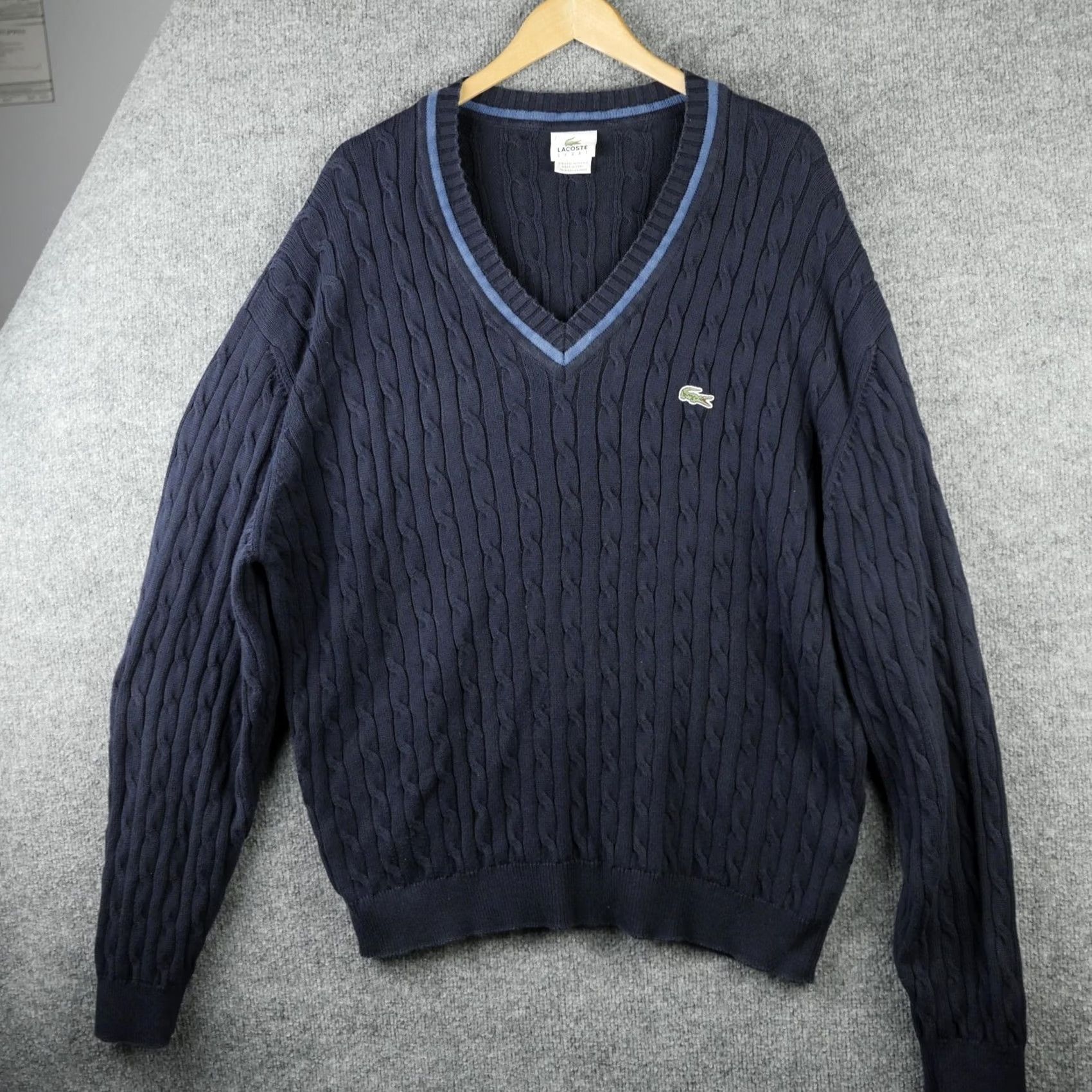 Lacoste Lacoste Mens 2XL Blue Cotton Cable-Knit V-Neck Pullover Sweater Logo Sport Size US XXL / EU 58 / 5 - 2 Thumbnail