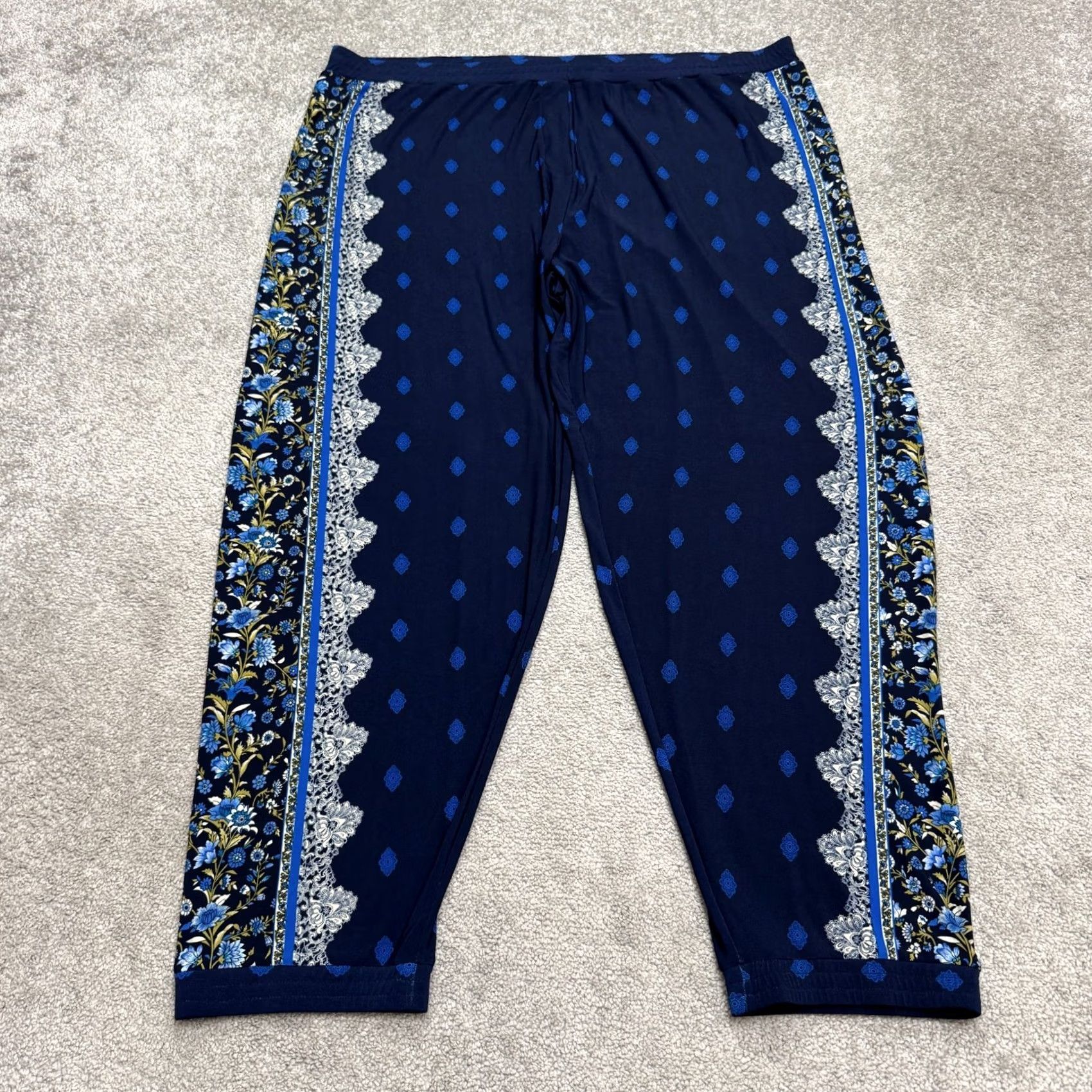 Vintage Susan Graver Liquid Knit Border Print Pull On Crop Pants Womens 2X Blue Floral Size 28" / US 6 / IT 42 - 2 Thumbnail