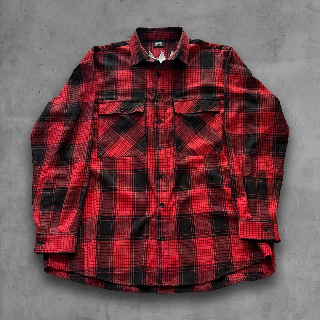 Image of Revenge Arch Logo Embroidered Flannel in Black/Red/White, Men's (Size 2XL)