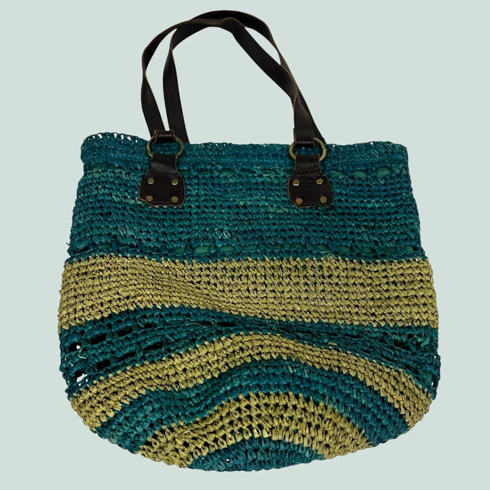 Vintage Flora Bella Raffia Straw Crochet Beach Market Bag Purse Tote Shoulder Bag Blue Leather Straps Women Size ONE SIZE - 1 Thumbnail
