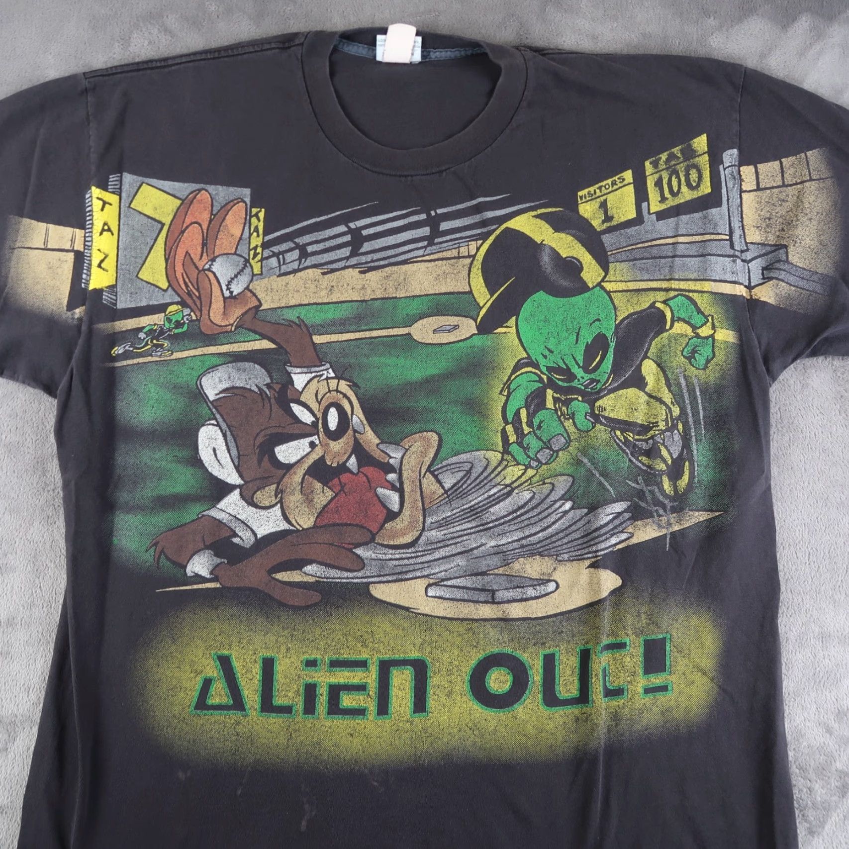 Vintage VTG 90s Looney Tunes Taz UFO Space XL AOP Shirt Mens Black Cotton 1996 USA Made Baseball Short Sleeve Crew Neck T-Shirt Graphics Size US XL / EU 56 / 4 - 5 Thumbnail