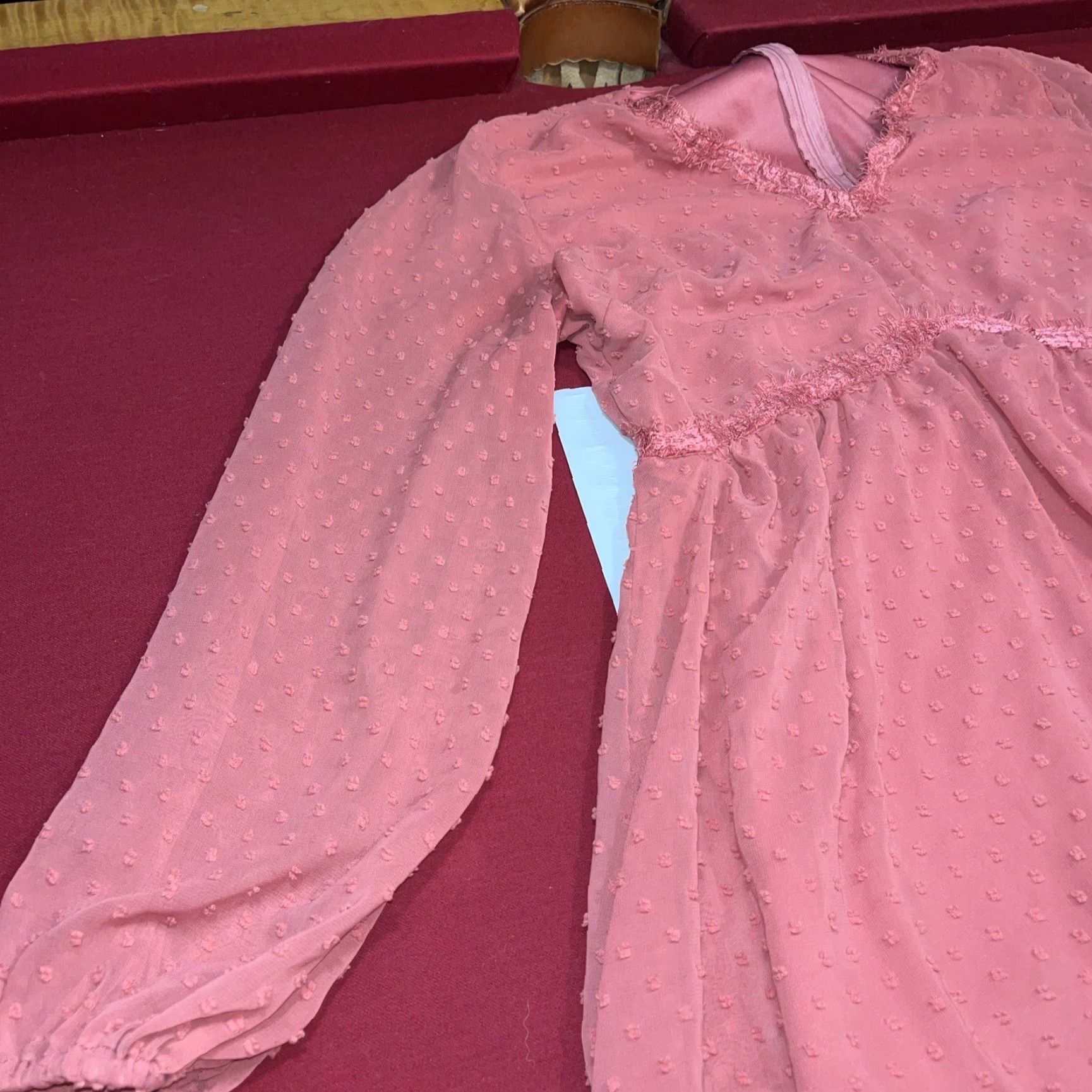 Vintage JASAMBAC Dusty Rose DRESS V-neck High Waist Swiss Minky Dot Chiffon Long Sleeves Size XXL / US 16-18 / IT 52-54 - 3 Thumbnail
