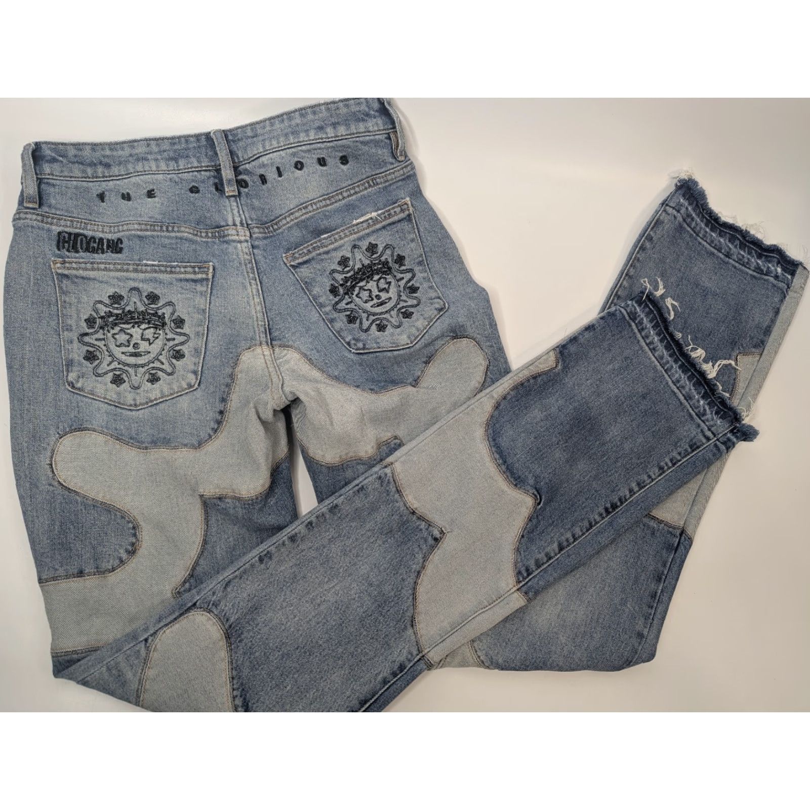 Vintage Glo Gang Jeans Unisex Adults Denim Hip-Hop High Street Retro Stitching Raw Hem Size 32 Blue 36 In Inseam Flared Mens Womens Boys Girls Size US 32 / EU 48 - 2 Thumbnail