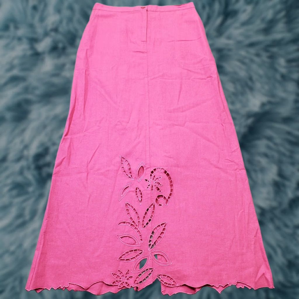 Pinko ISC Long Skirt Womens S Pink Linen Laser Cut Trim Hem Button Front - Casual A-Line/Vent, Lightweight, 34.75" Length, Waist 13.25" - Womens, 36098 Size 28" / US 6 / IT 42 - 1 Thumbnail