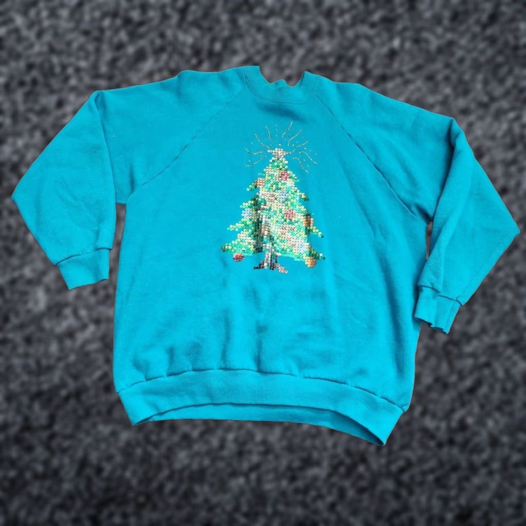 Fruit Of The Loom VINTAGE Fruit of the Loom Christmas Tree Sequin Sweatshirt Mens XL Knit Crew Neck Blue - Size US XL / EU 56 / 4 - 1 Thumbnail