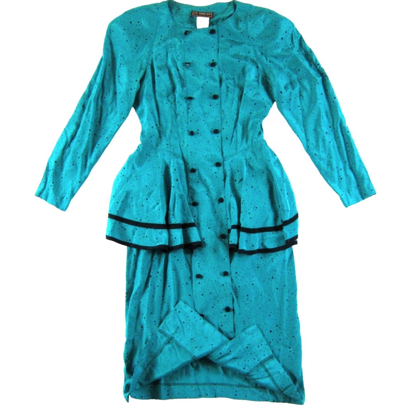 Altea VINTAGE JT DRESS Teal Green Black Polka Dot Rayon Long sleeve Midi Dress 8 Women Size M / US 6-8 / IT 42-44 - 5 Thumbnail