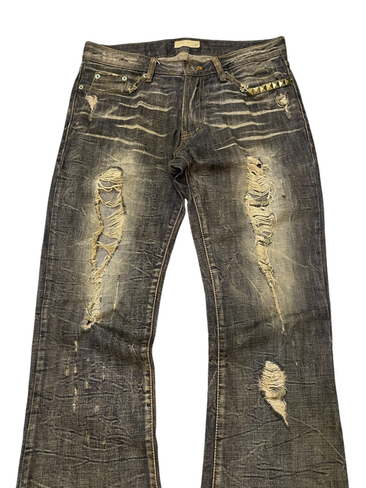 Japanese Brand G.O.A Pierced & Studded Honeycomb Claw Mark Mud Flare Jeans Size US 30 / EU 46 - 5 Thumbnail