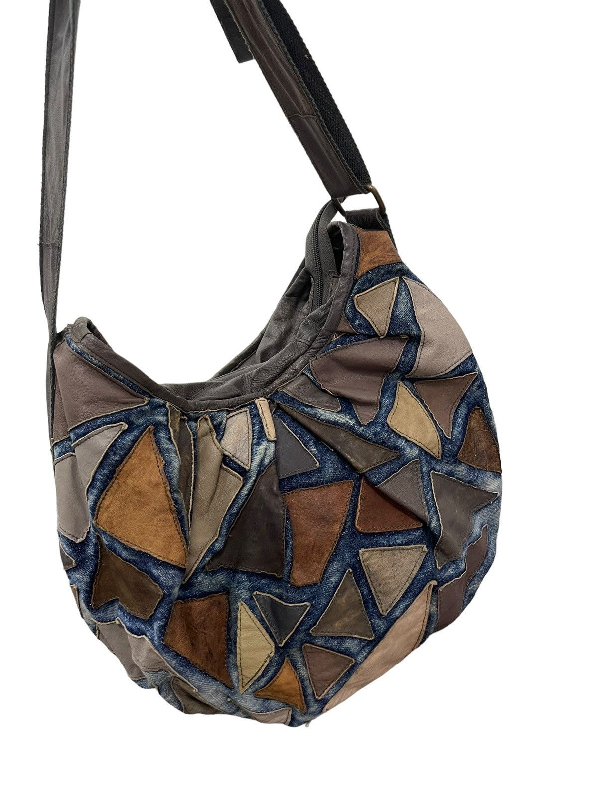 Japanese Brand Patchwork Leather x Denim Handmade Custom Messenger Bag 2🟩 Size ONE SIZE - 3 Thumbnail