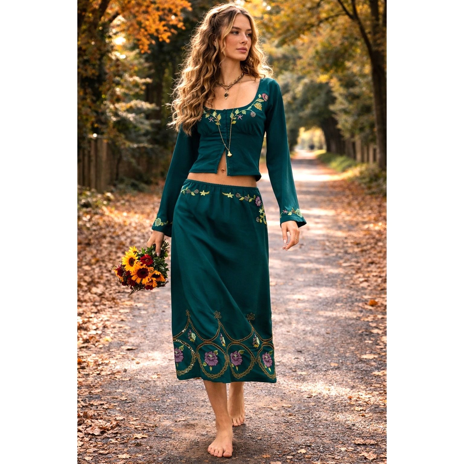 Free People Free People Autumn Bloom Midi Skirt Set Forest Combo M Size M / US 6-8 / IT 42-44 - 1 Thumbnail