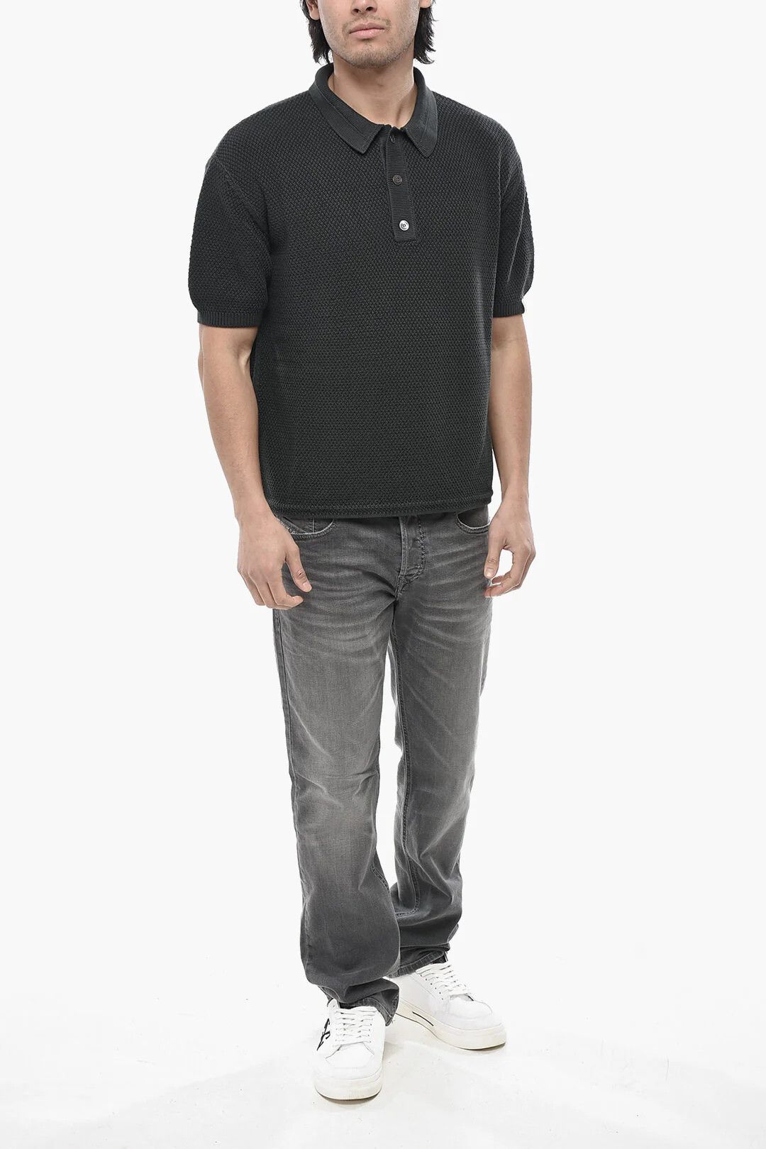 Palm Angels og1mm0226 3-Button Moss Stitch Knit Shirt in Black Size US S / EU 44-46 / 1 - 4 Thumbnail