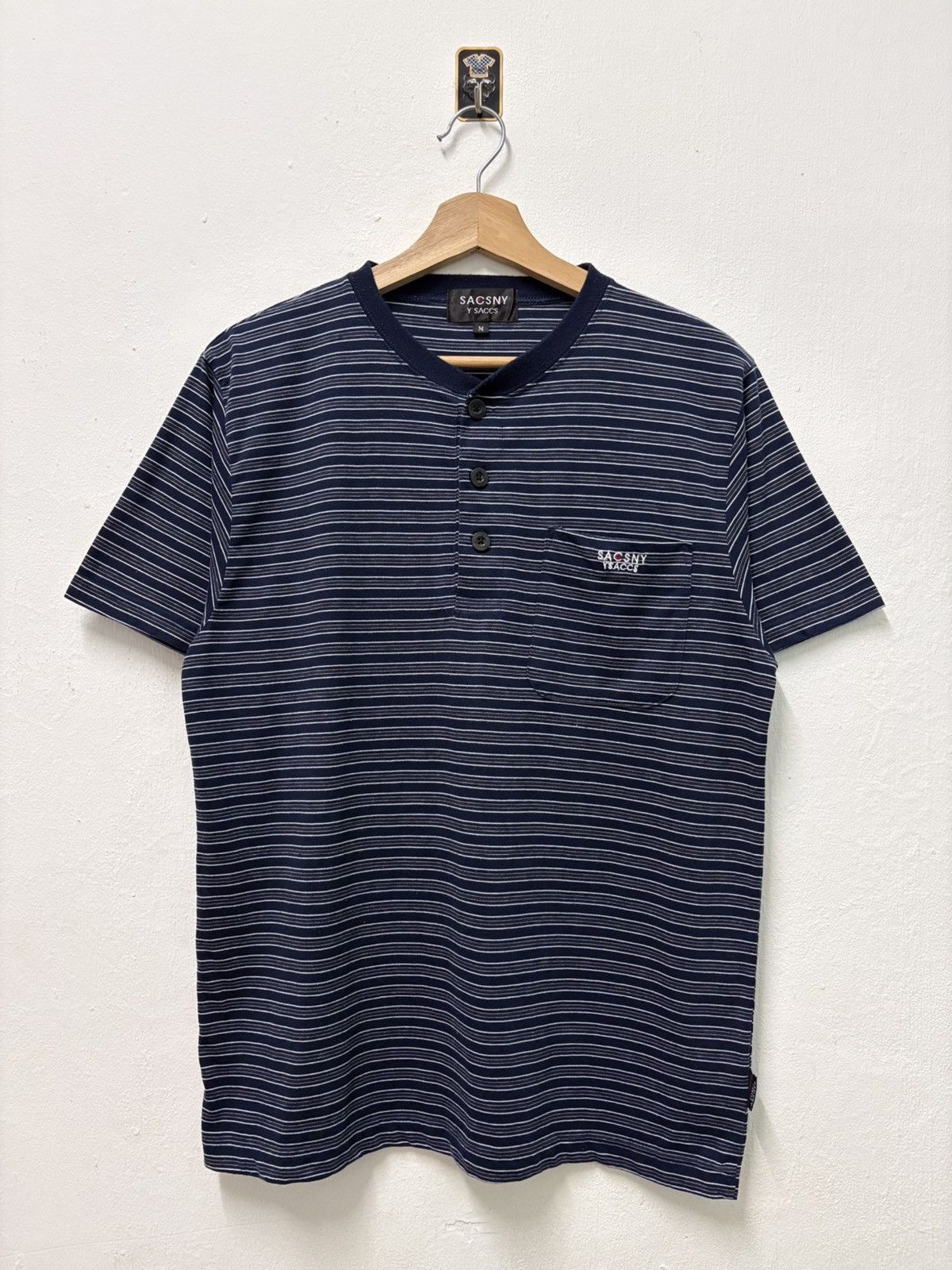Japanese Brand × Y's × Yohji Yamamoto 2000's Sacsny Y'saccs Button Stripe Navy T-Shirt Size US M / EU 48-50 / 2 - 1 Thumbnail