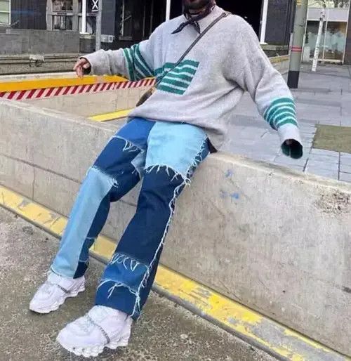 Blue Patchwork Distressed Jeans