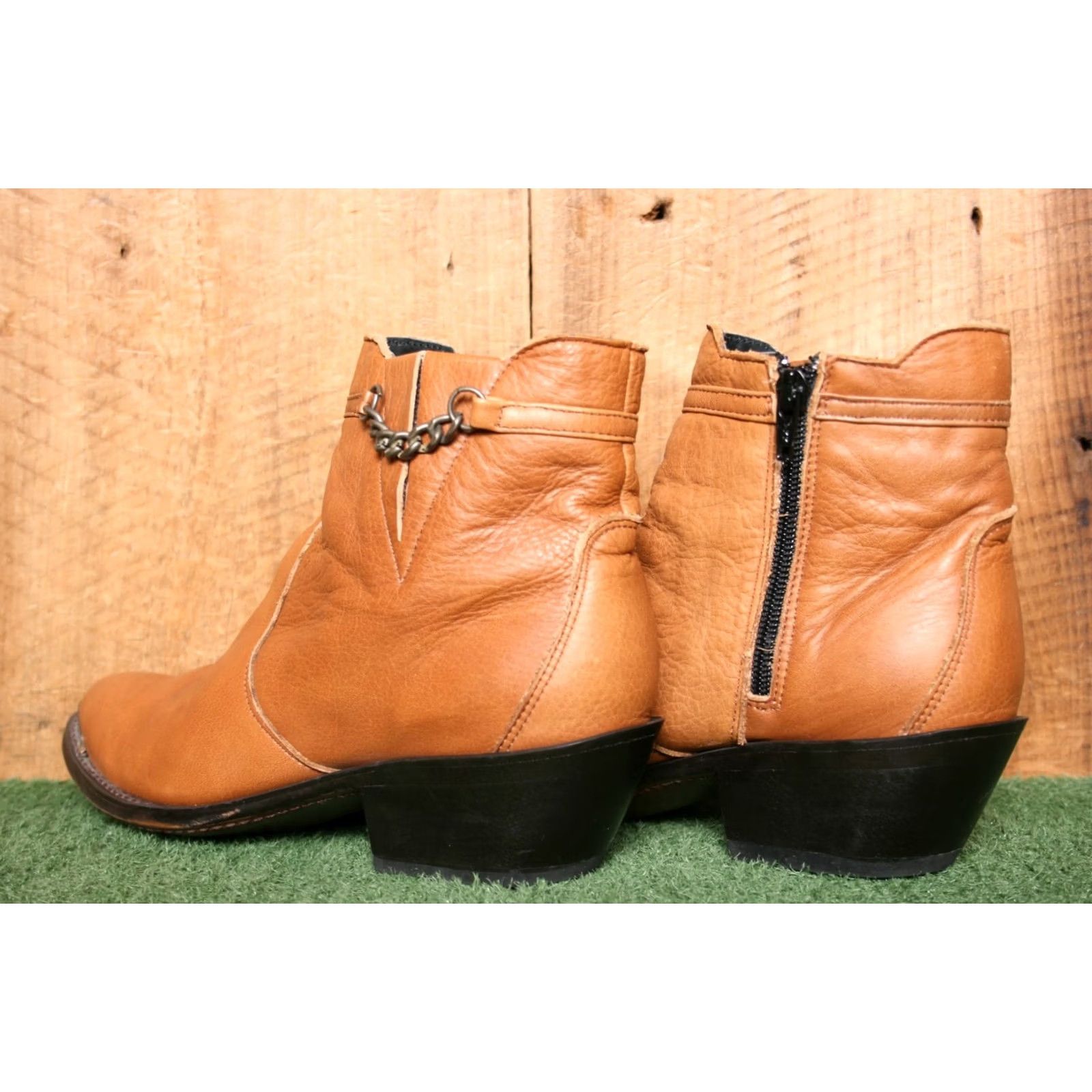 Durango VINTAGE Durango Pecan Leather Side Zip Demi Shaft Chain Ankle Boots Sz. 8.5 M Womens Western Boot Size US 9 / IT 39 - 3 Thumbnail