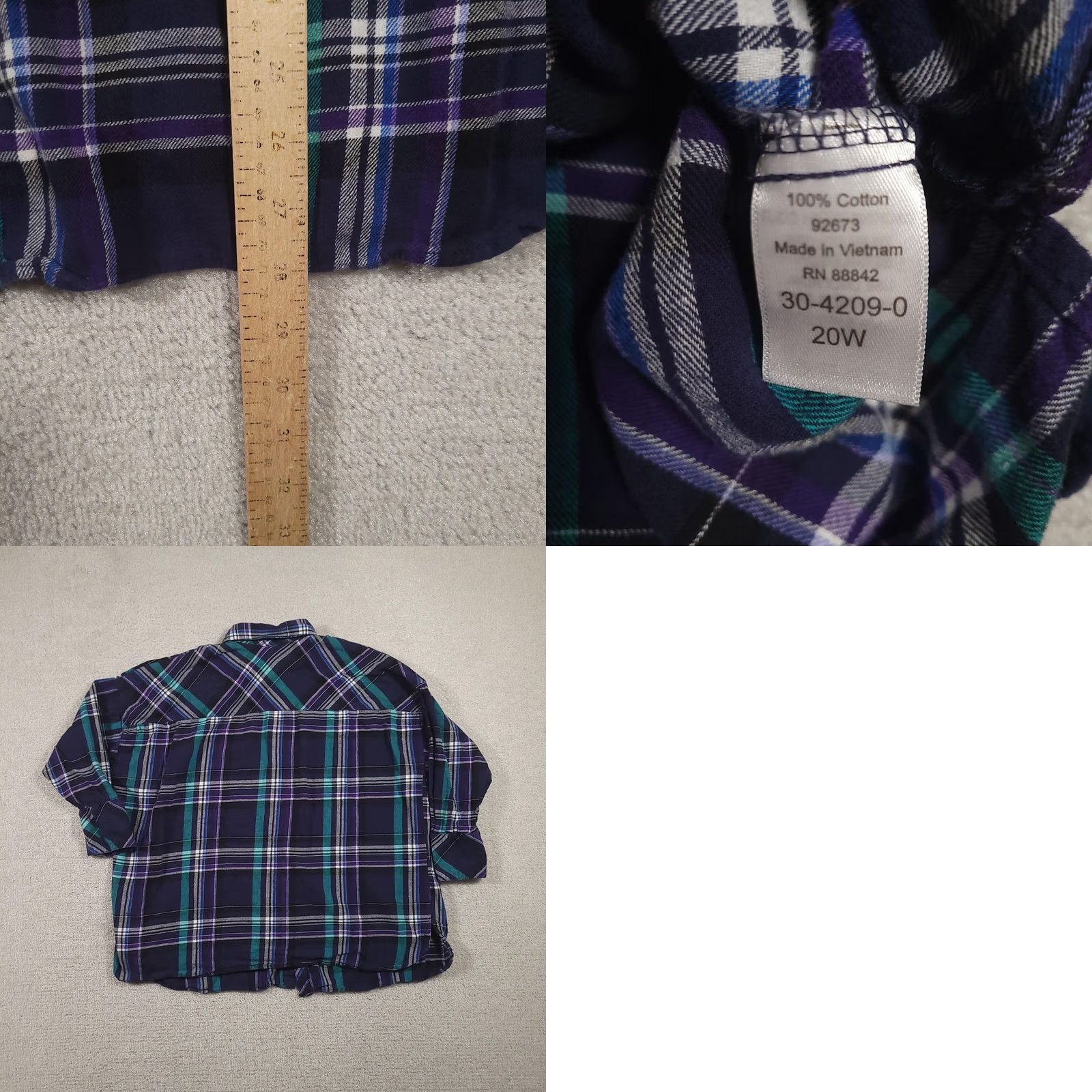 Vintage Roaman's Shirt Womens 20W Blue Purple Plaid Button Front 100% Cotton Casual Size 3XL / US 20-22 - 8 Thumbnail