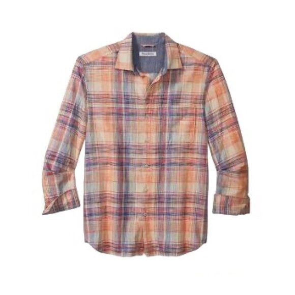 image of Tommy Bahama Mens Orange Plaid Dundee Madras Button Up Shirt in Passion Peach (Size 2XL)