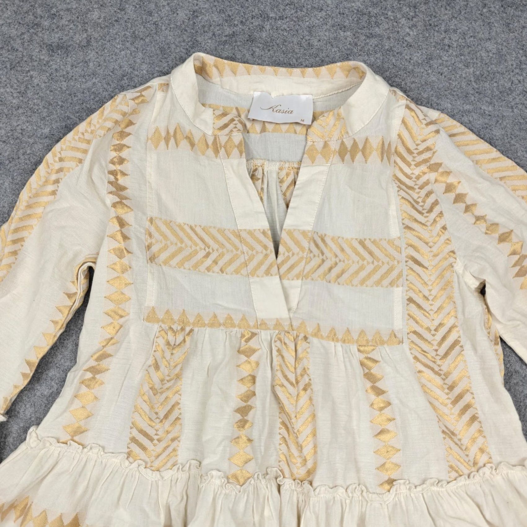 Vintage Kasia Dress Womens M White Chevron Embroidered Boho Trapeze Swing Mini Tiered Size M / US 6-8 / IT 42-44 - 2 Thumbnail
