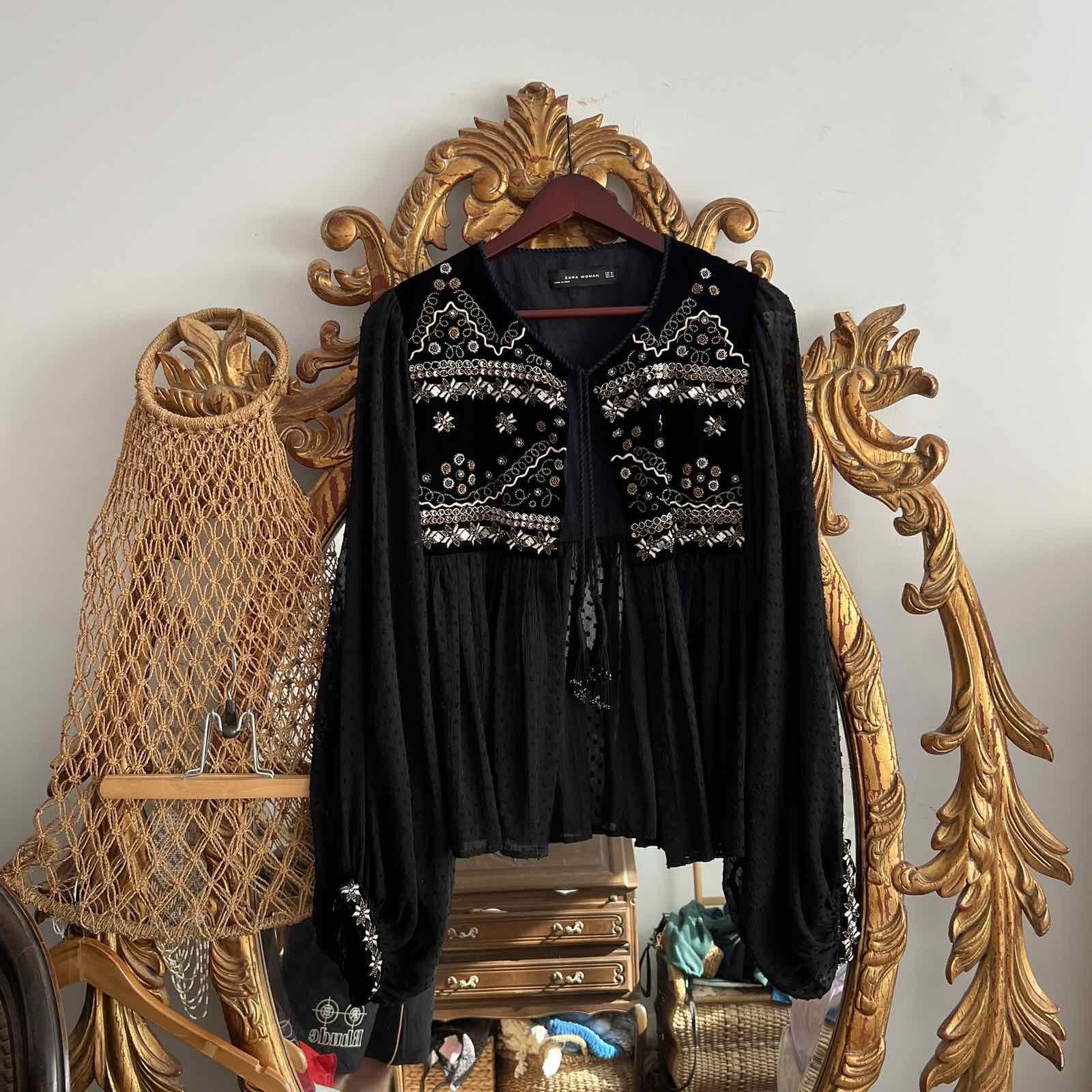 Zara Zara Blouse Black Balloon Embroidered Boho Peasant Bohemian Size XL / US 12-14 / IT 48-50 - 1 Thumbnail