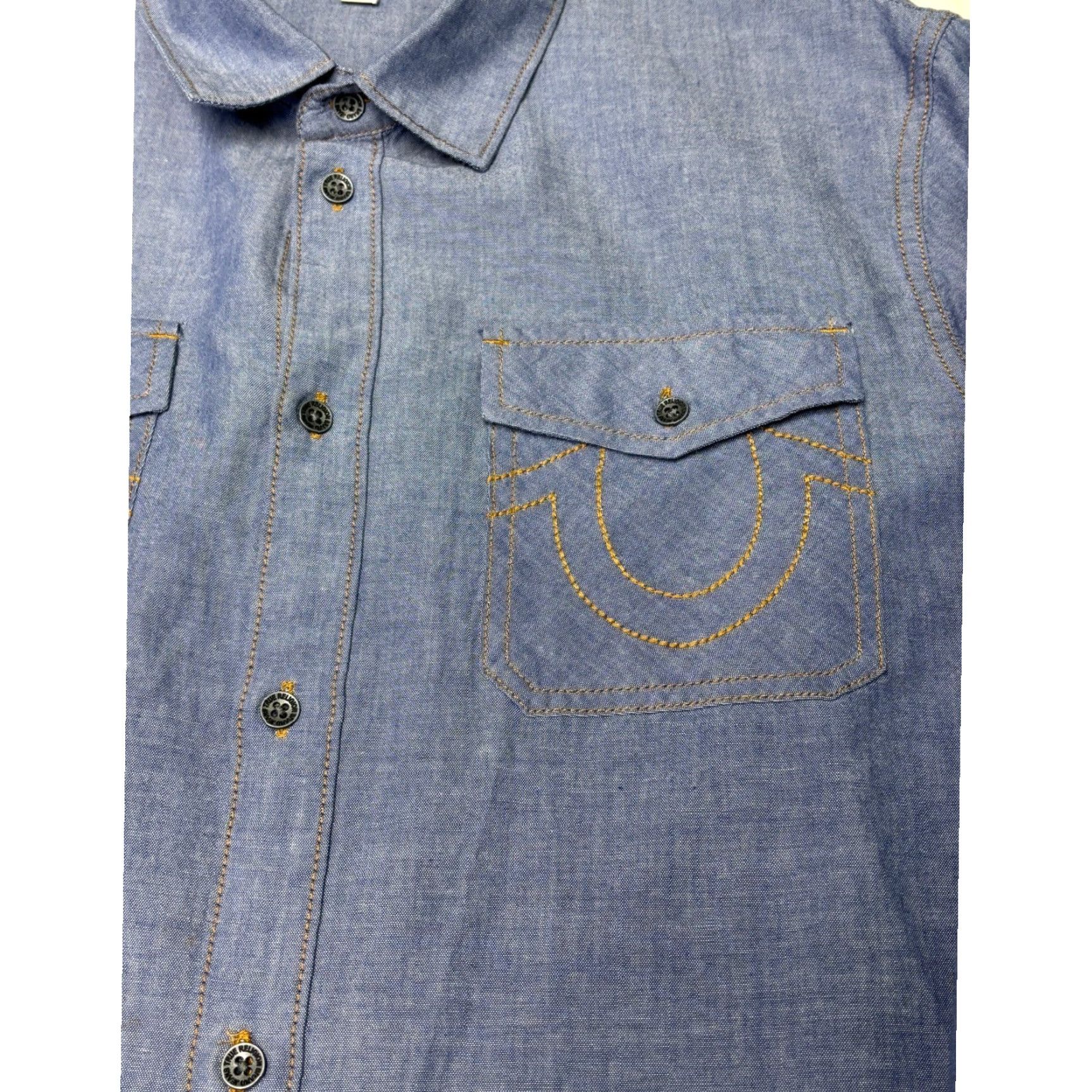 True Religion True Religion Mens XL Button-Down Shirt Chambray Blue Long Sleeve Chest Pockets Western Casual Workwear 47 in Chest, Regular Fit, Collared, Button-Up Size US XL / EU 56 / 4 - 2 Thumbnail