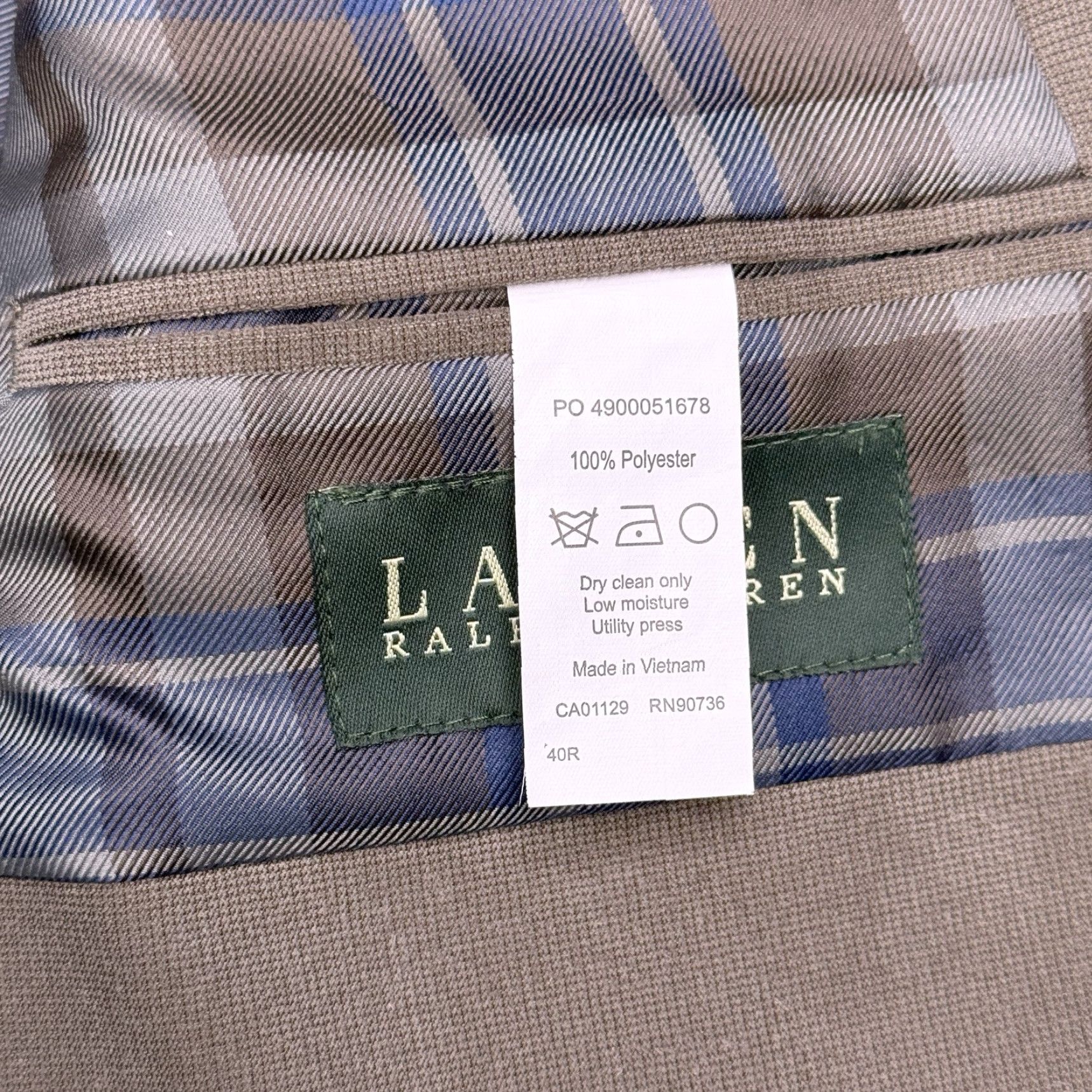 Ralph Lauren Lauren Ralph Lauren Blazer 40R Taupe Sport Coat Men Regular Chest 42 2-Button Notch Lapel Solid Microfiber Polyester Dry Clean Only Vintage No N/A Size 40R - 6 Thumbnail