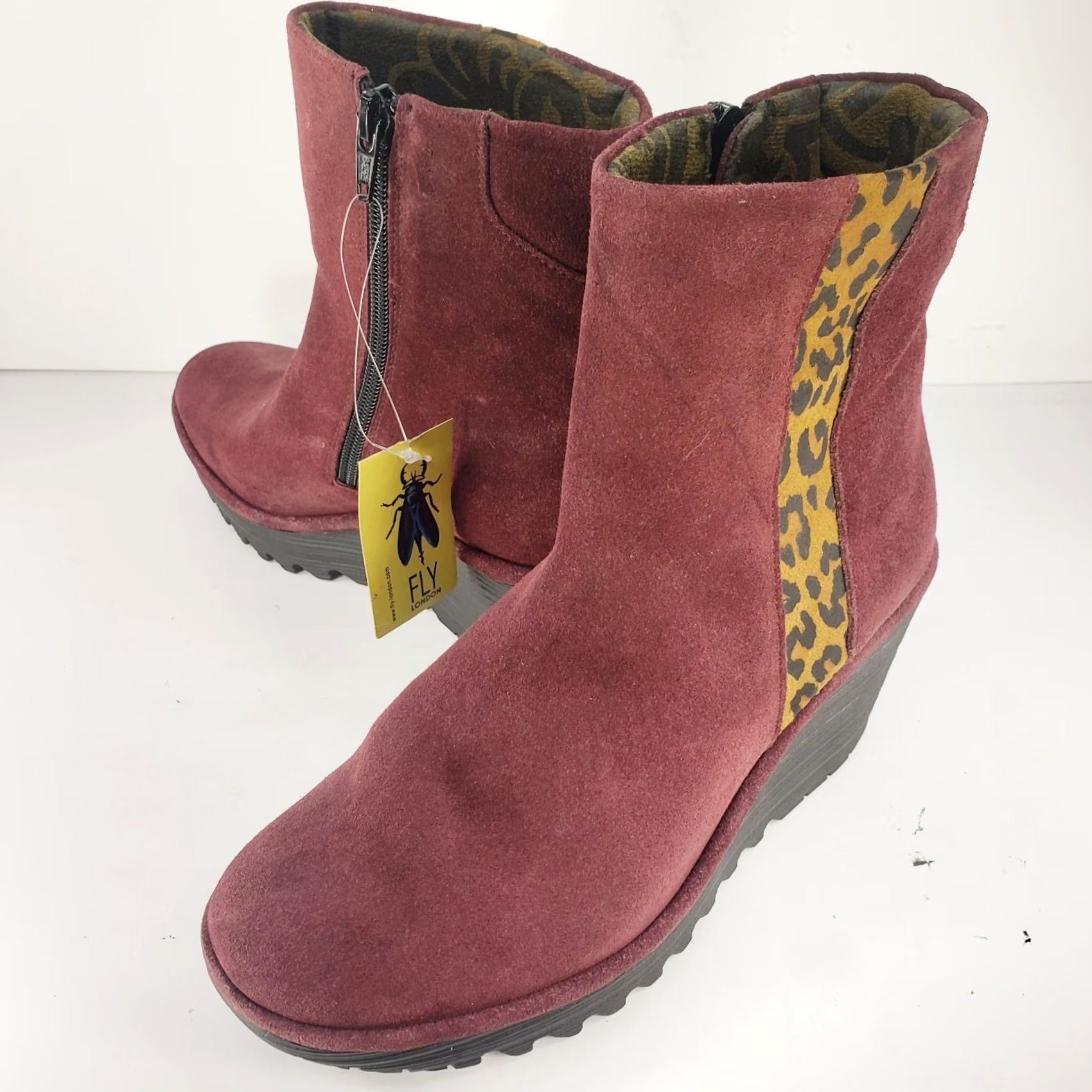 Fly London FLY London Suede Ankle Bootie Burgundy Leopard Stripe Wedge 37 UK 6-6.5 Women Size US 6.5 / IT 36.5 - 2 Thumbnail