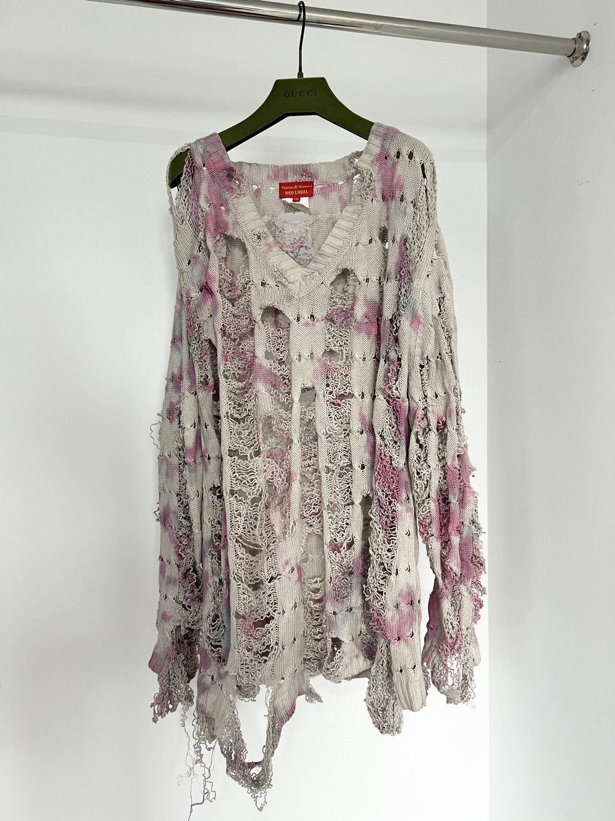 Image of Vivienne Westwood Distressed Grunge “Punk Frontier” Sweater in Pink/White, Men's (Size XL)