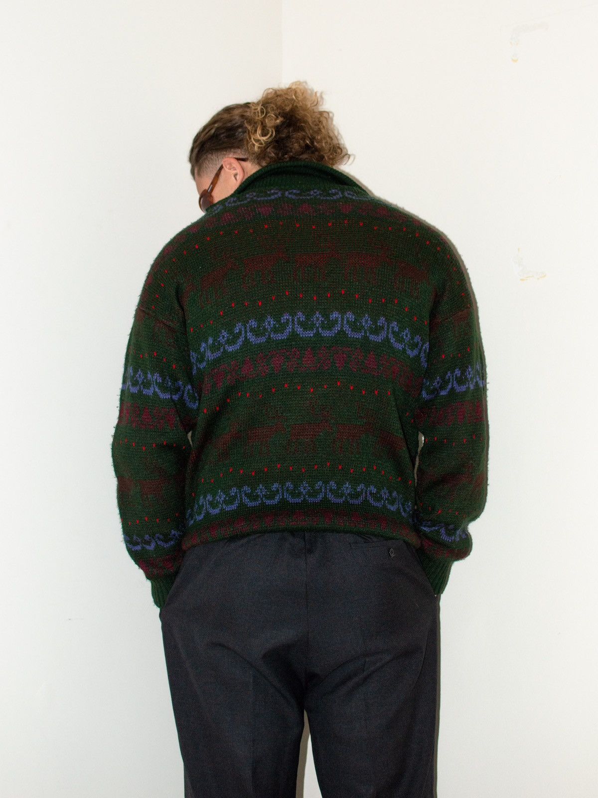 Designer × Vintage 90s Vintage dark green Geometric 1/4 zip neck Sweater jumper Size US L / EU 52-54 / 3 - 2 Thumbnail