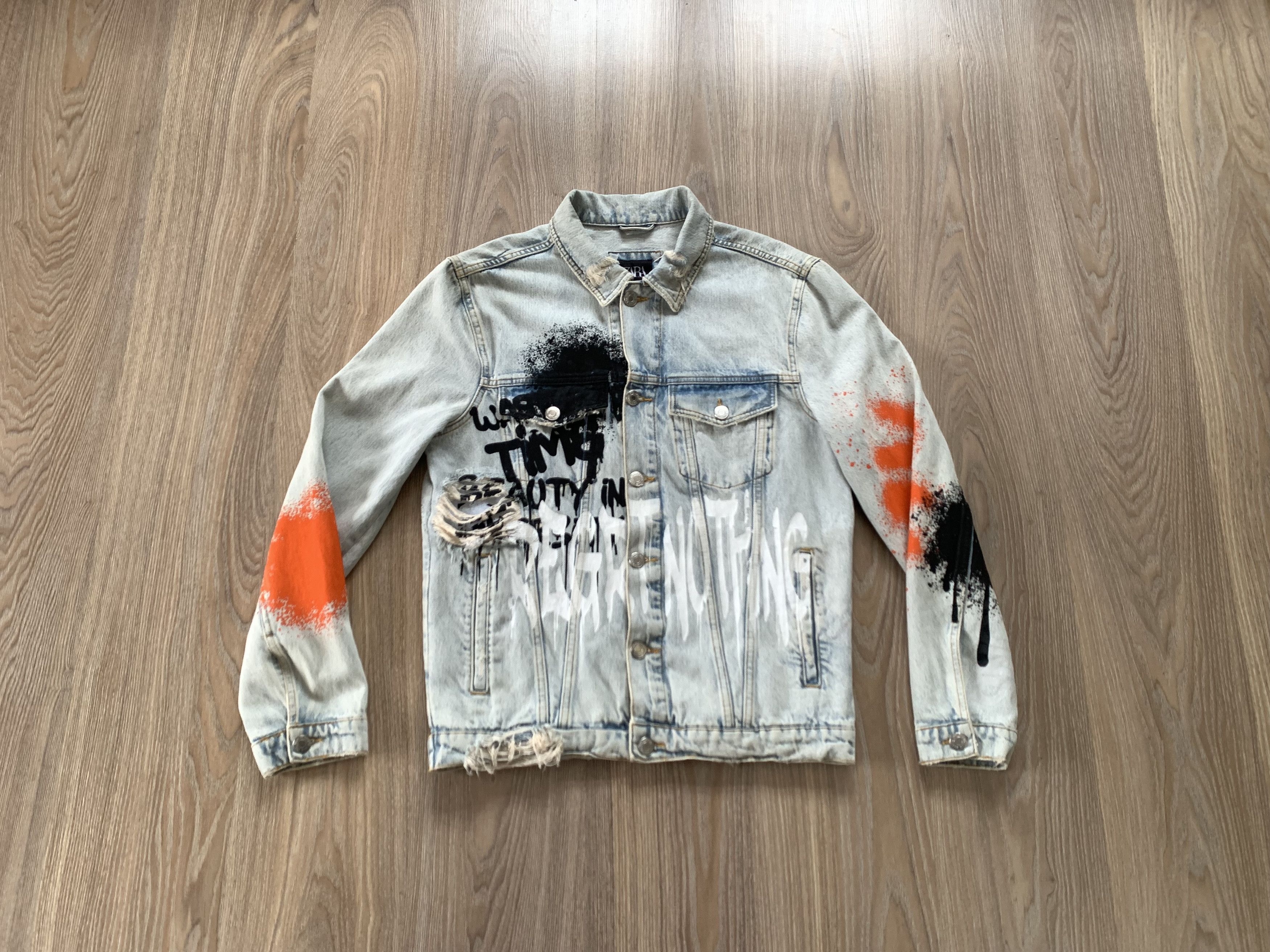 Zara ZARA Painted Graffiti Art Distressed Denim Jacket Size US M / EU 48-50 / 2 - 1 Thumbnail