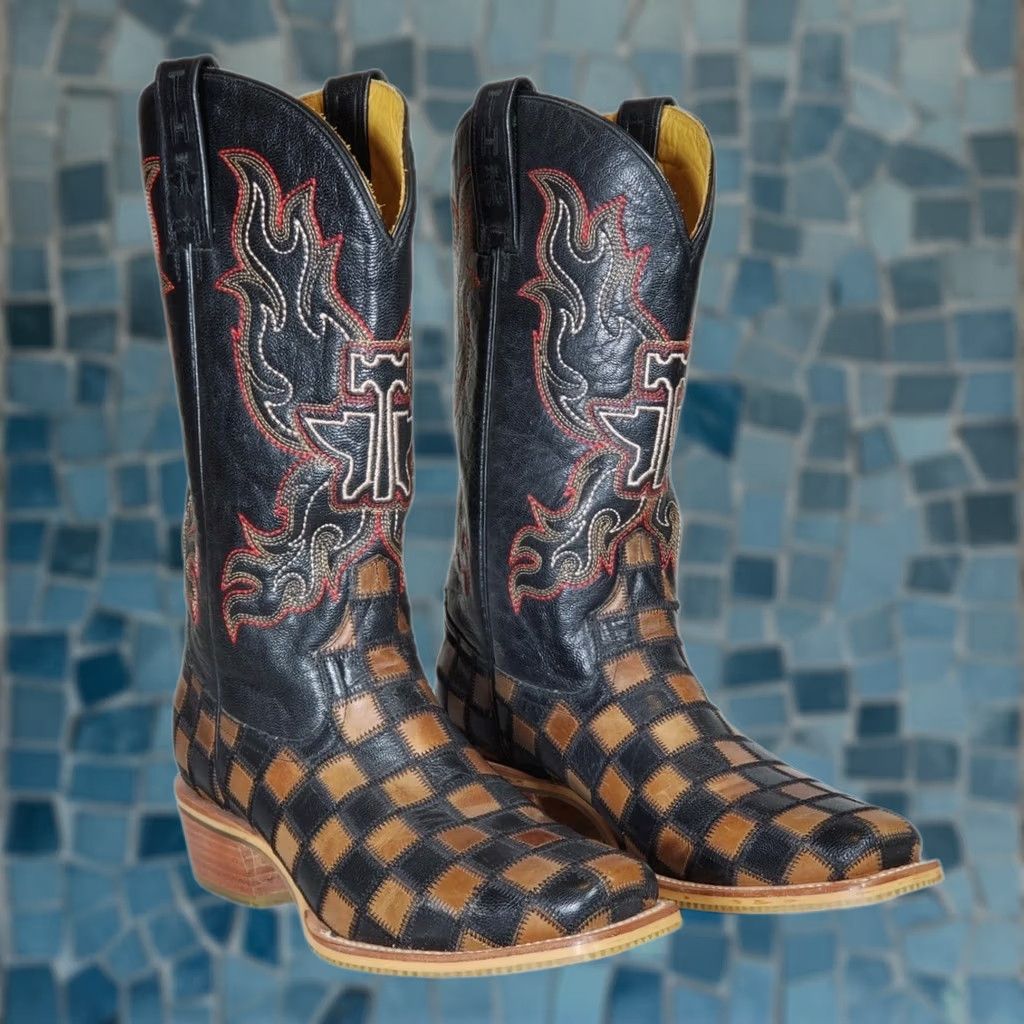 Vintage Tin Haul Co. Western Boots Square Toe Men’s US 9 EE Black and Brown Coat Arms Sole Boot Size US M / EU 48-50 / 2 - 1 Thumbnail