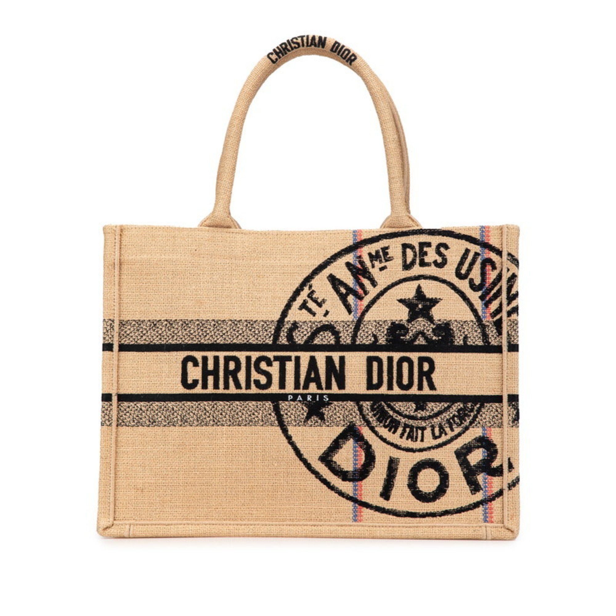 Christian Dior Dior Book Tote Medium Bag Beige Black Raffia Women's