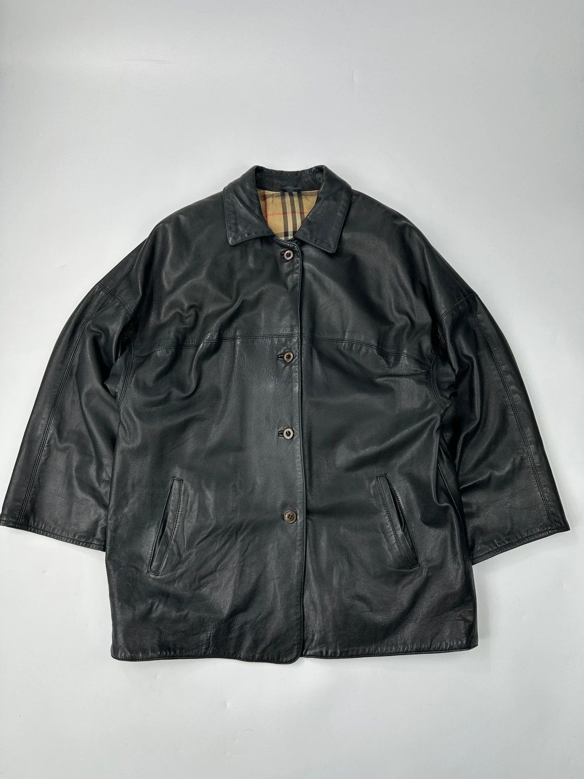 Burberry Burberrys 90s Black Leather Trench Coat Tartan Monogram Size US L / EU 52-54 / 3 - 1 Thumbnail