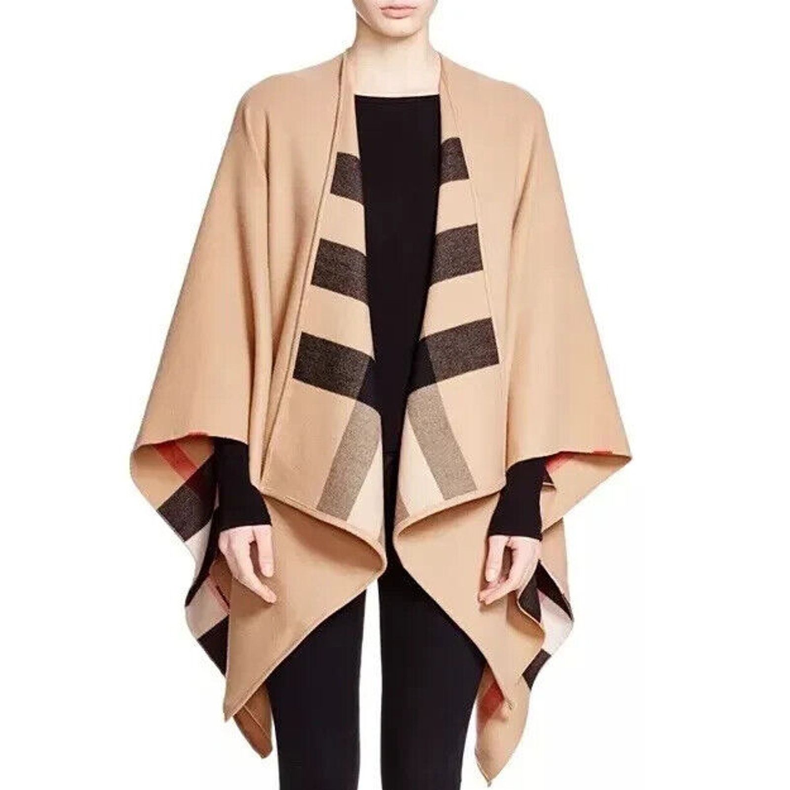 Burberry BURBERRY CHARLOTTE CAMEL WOOL CHECK REVERSIBLE PONCHO ITALY Size ONE SIZE - 2 Thumbnail