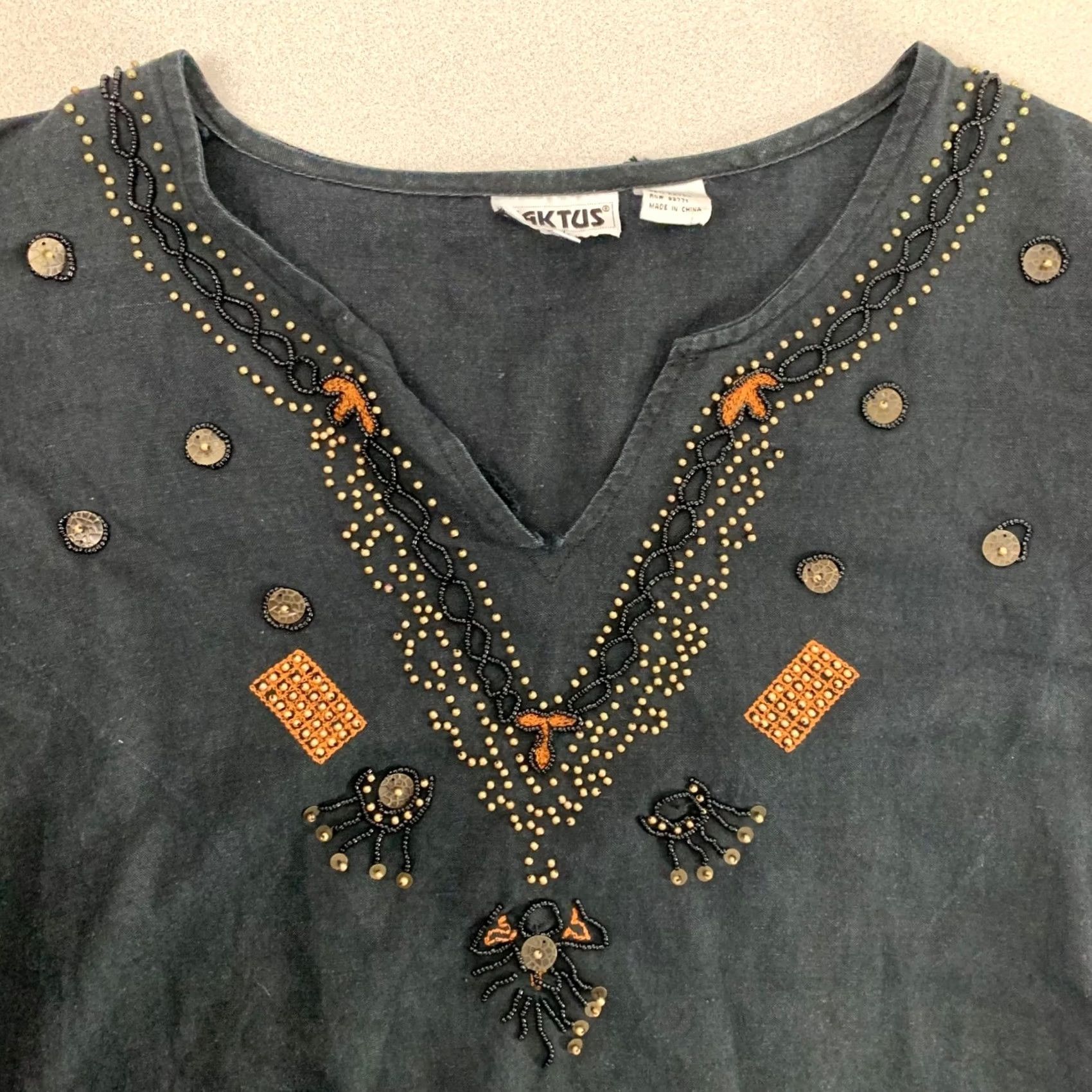 Vintage Kaktus Blouse Women's XL Black Beaded Linen Blend 3/4 Sleeve V-Neck Boho Top Size XL / US 12-14 / IT 48-50 - 2 Thumbnail