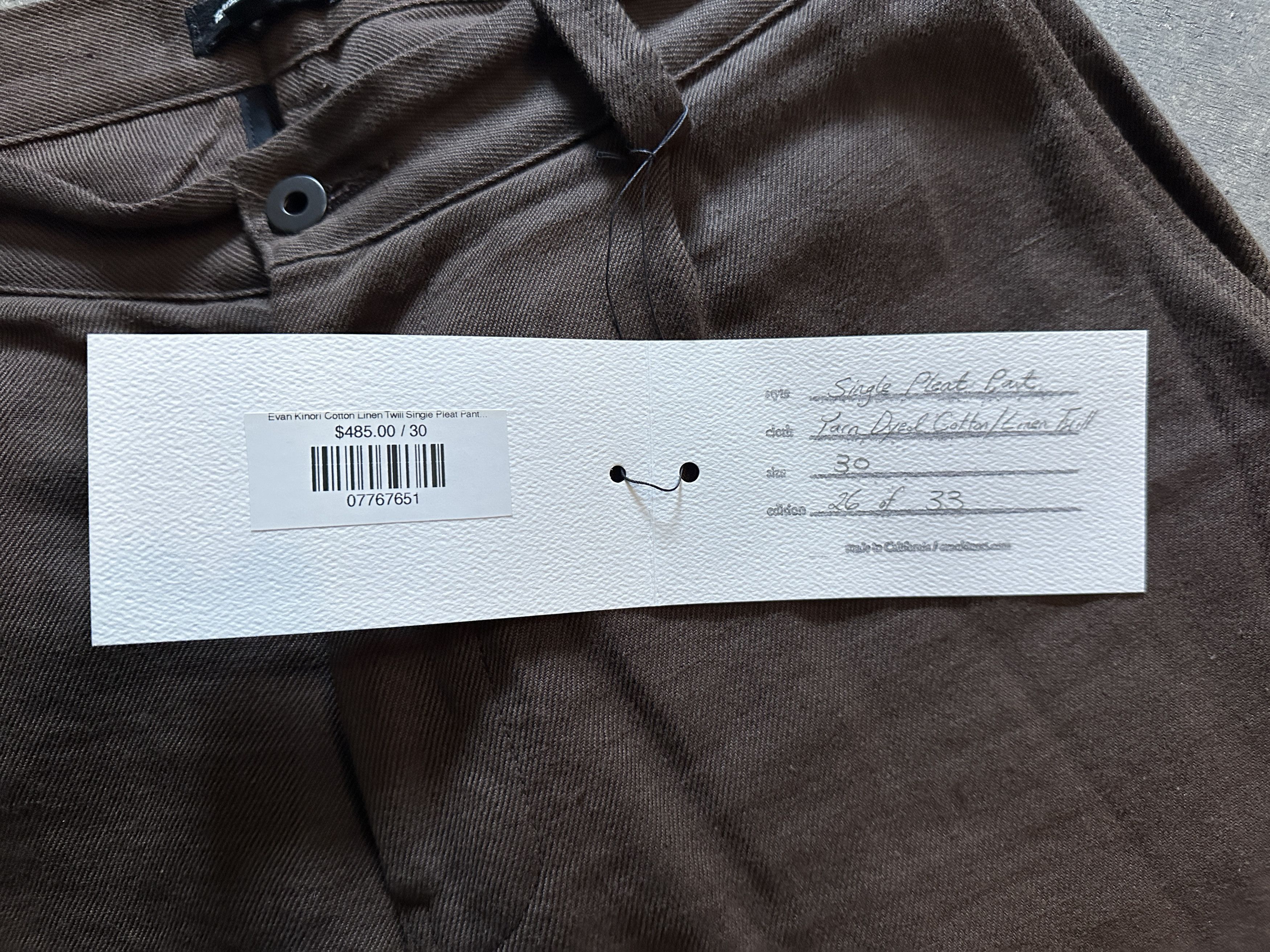 Evan Kinori Single Pleat Pant - Cotton/Linen Twill Size US 30 / EU 46 - 4 Thumbnail